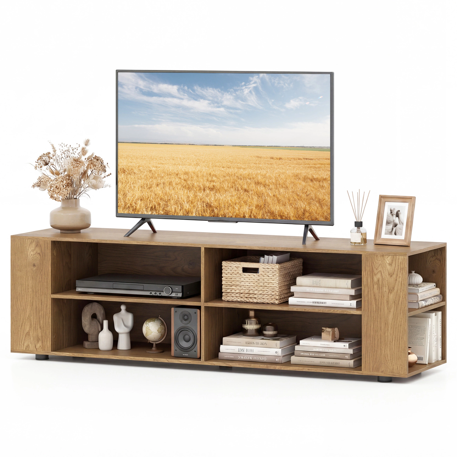 Glintex 59-Inch TV Stand with 4 Open Compartments and 4 Side Shelves, Natural