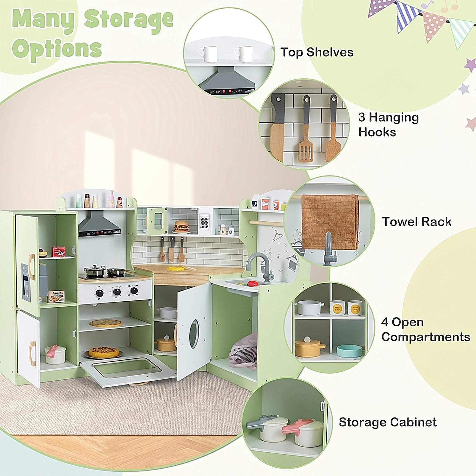 SUGIFT Corner Kids Play Kitchen with Washing Machine, Ice Maker and Storage 37-in Tall Ages 3-10 Years White Pink Brown