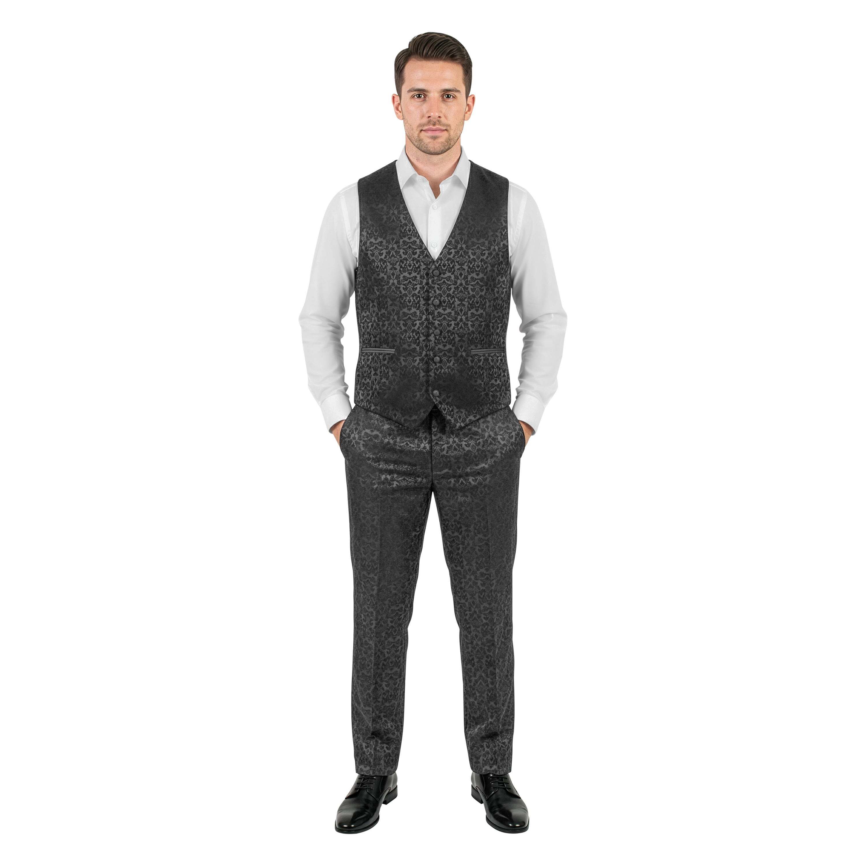 Tazzio Men's Skinny Fit 3-Piece Paisley Tuxedo Set, Shawl Collar