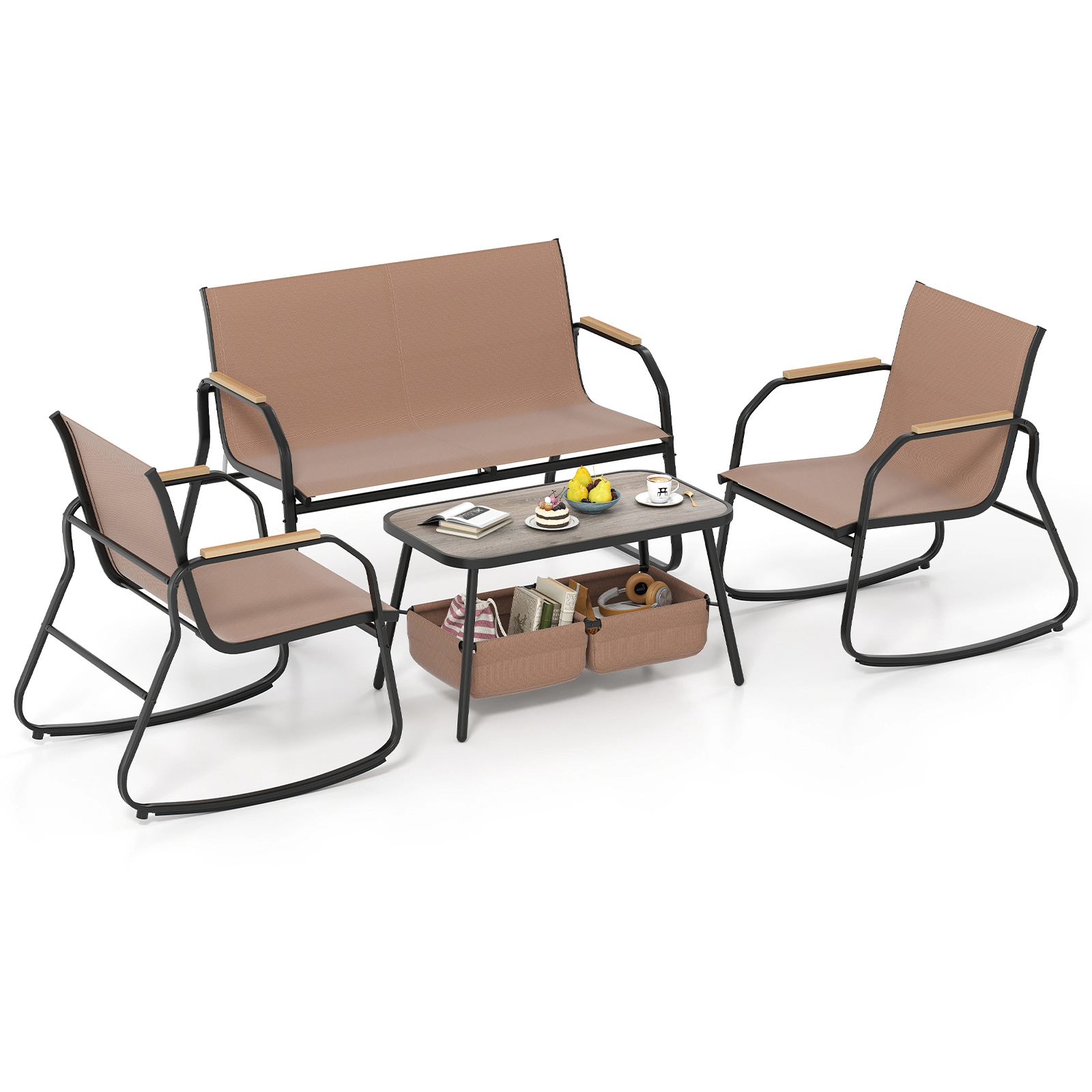 LJG 4 Pieces Patio Furniture Set with Rocking Bistro Chairs and Breathable Mesh Fabric