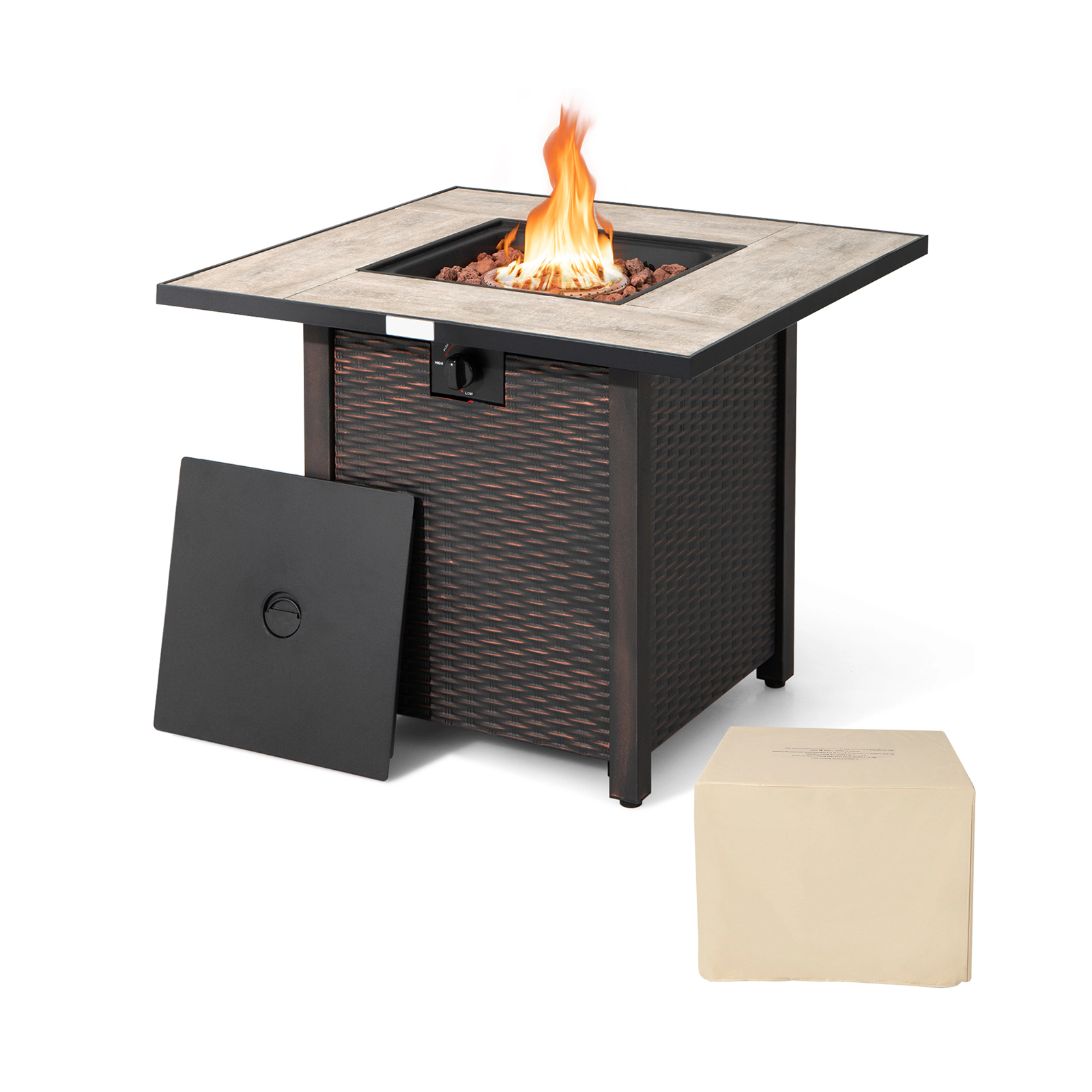 SUGIFT Square Brown Propane Gas Fire Pit Table with Ceramic Tabletop and Lava Rocks 30-in W 30-in D 25-in H