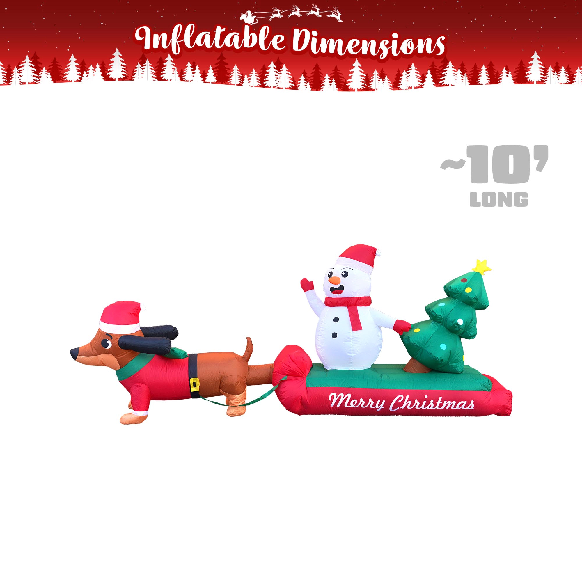 G128 10 ft Dachshund Santa Sled Inflatable with Snowman & Tree, LED Outdoor Decor
