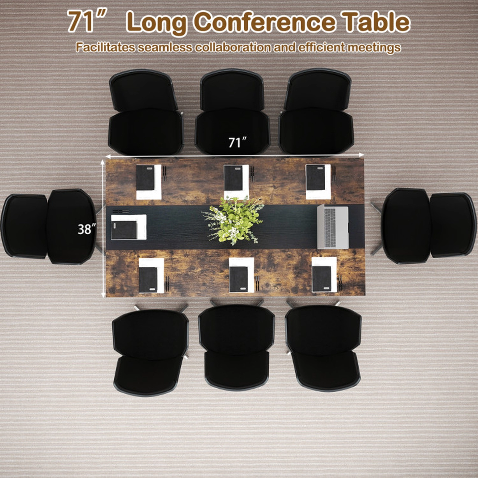 SUGIFT Rustic Brown Mesh Storage Shelf and Cable Grommet 71 Inch Rectangular Conference Table