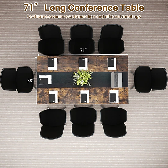 SUGIFT Rustic Brown Mesh Storage Shelf and Cable Grommet 71 Inch Rectangular Conference Table