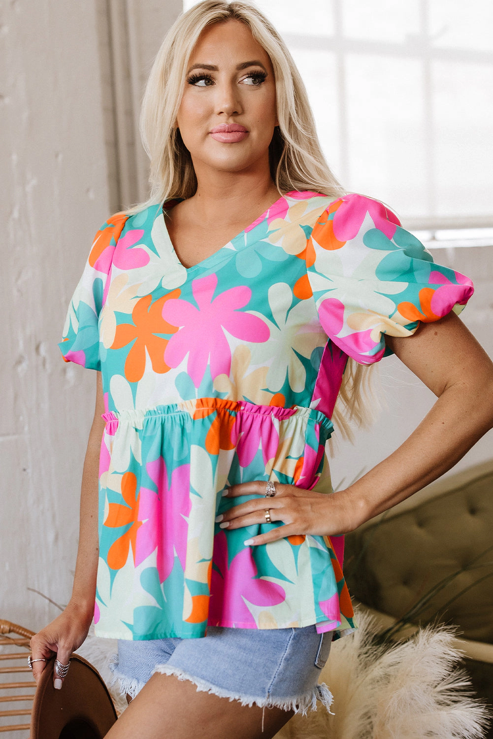 Threaded Pear Women's Kathryn Bubble Sleeve Peplum Blouse