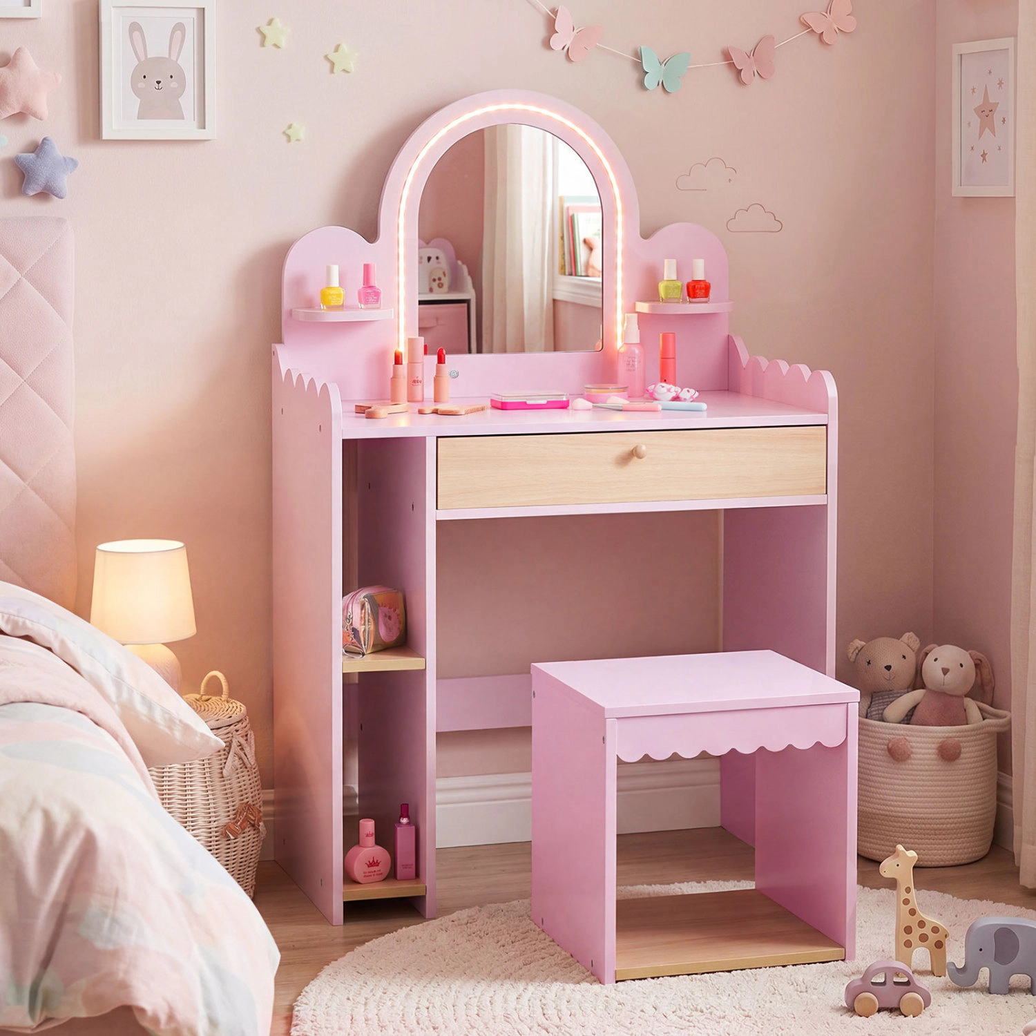 Hivvago Pretend Makeup Dressing Table Set With 2 Small Shelves And Compartments