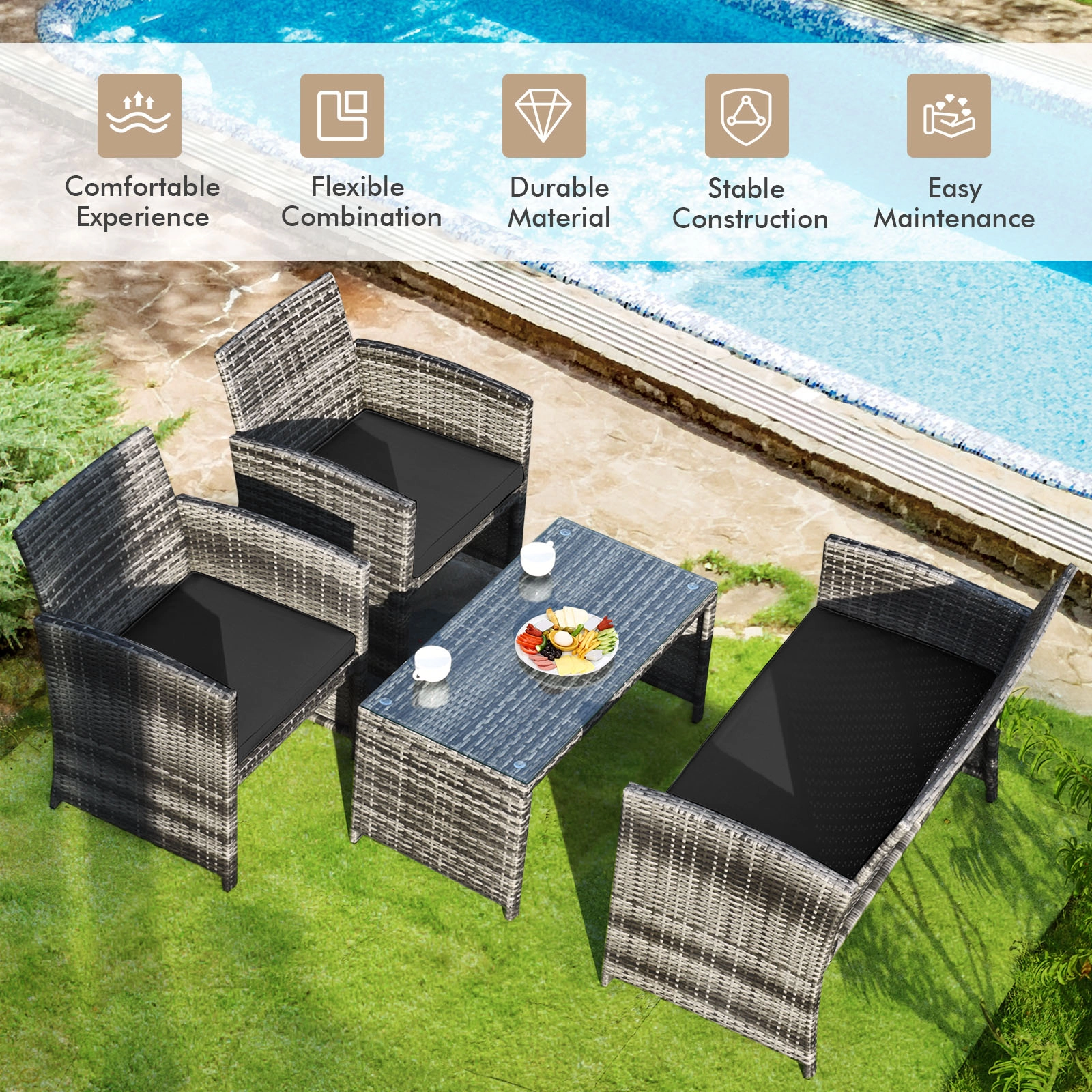 SUGIFT 4-Piece Black Outdoor Wicker Patio Set with Loveseat, 2 Armchairs and Glass Coffee Table