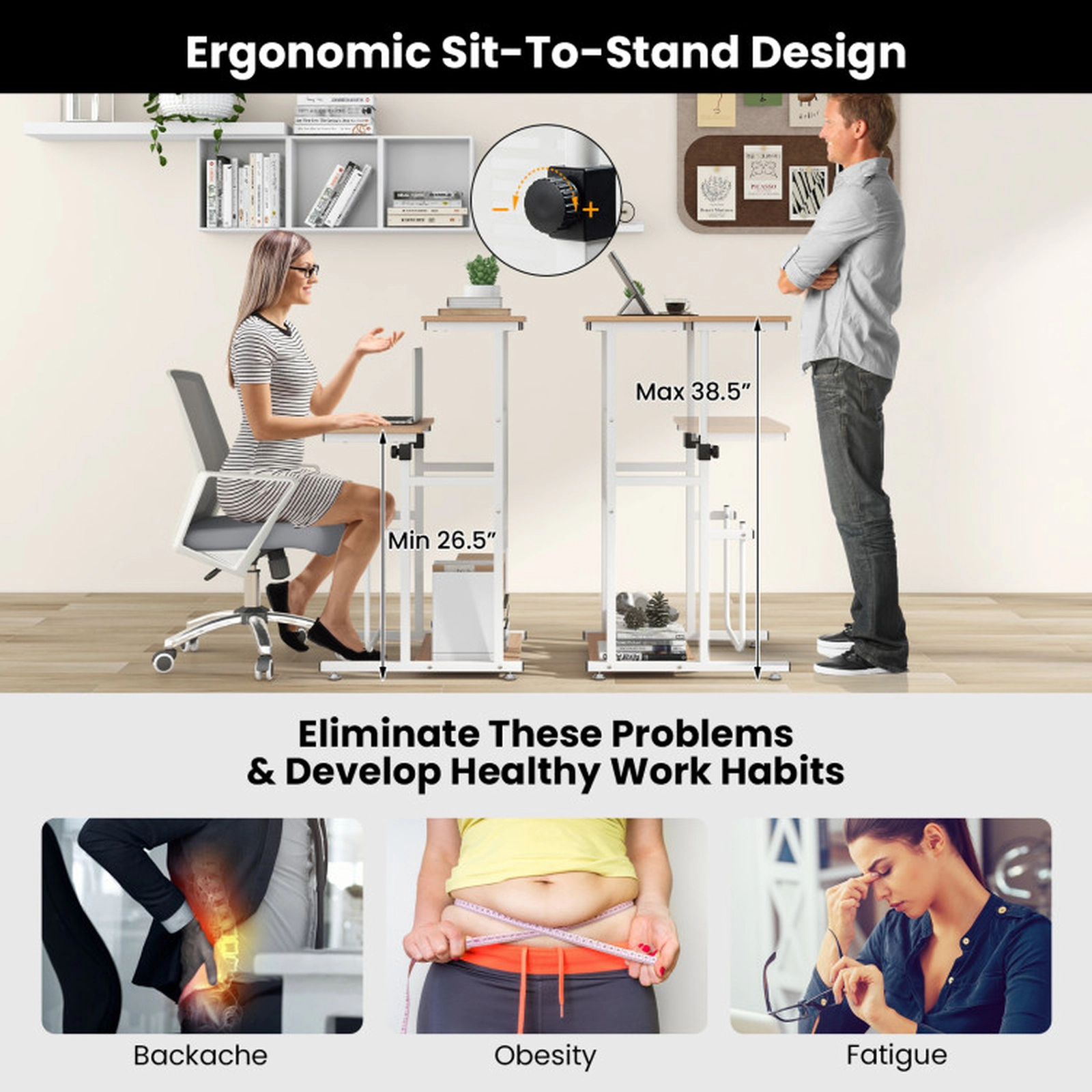SUGIFT Height Adjustable Bottom Shelf Footrest Small Space Sit Stand Desk 22-in x 21-in x 27-in to 38.5-in Oak