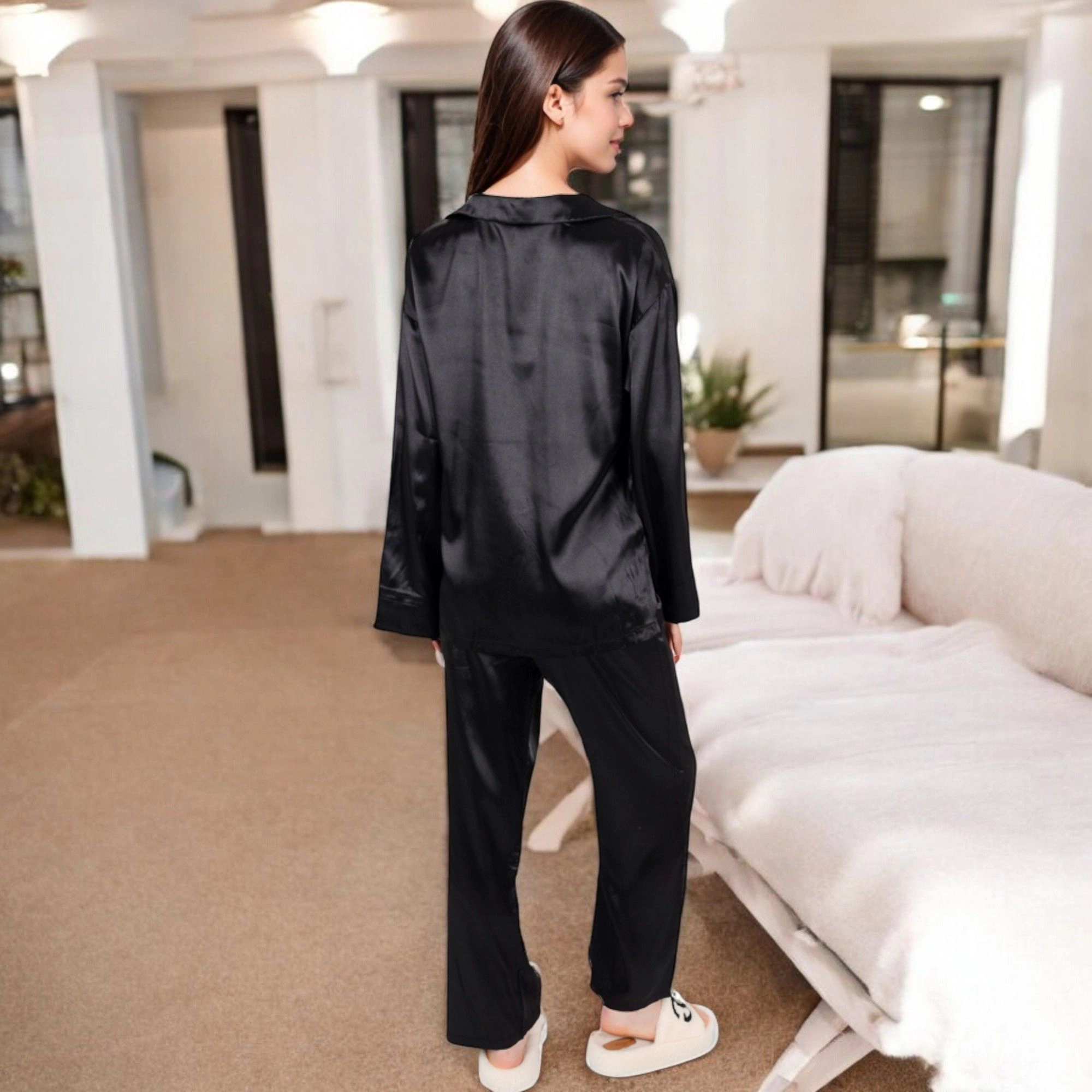 Anna-Kaci Women's Satin 2-Piece Pajama Set with Long Sleeve Button Up Shirt and Relaxed Fit Wide Leg Pants