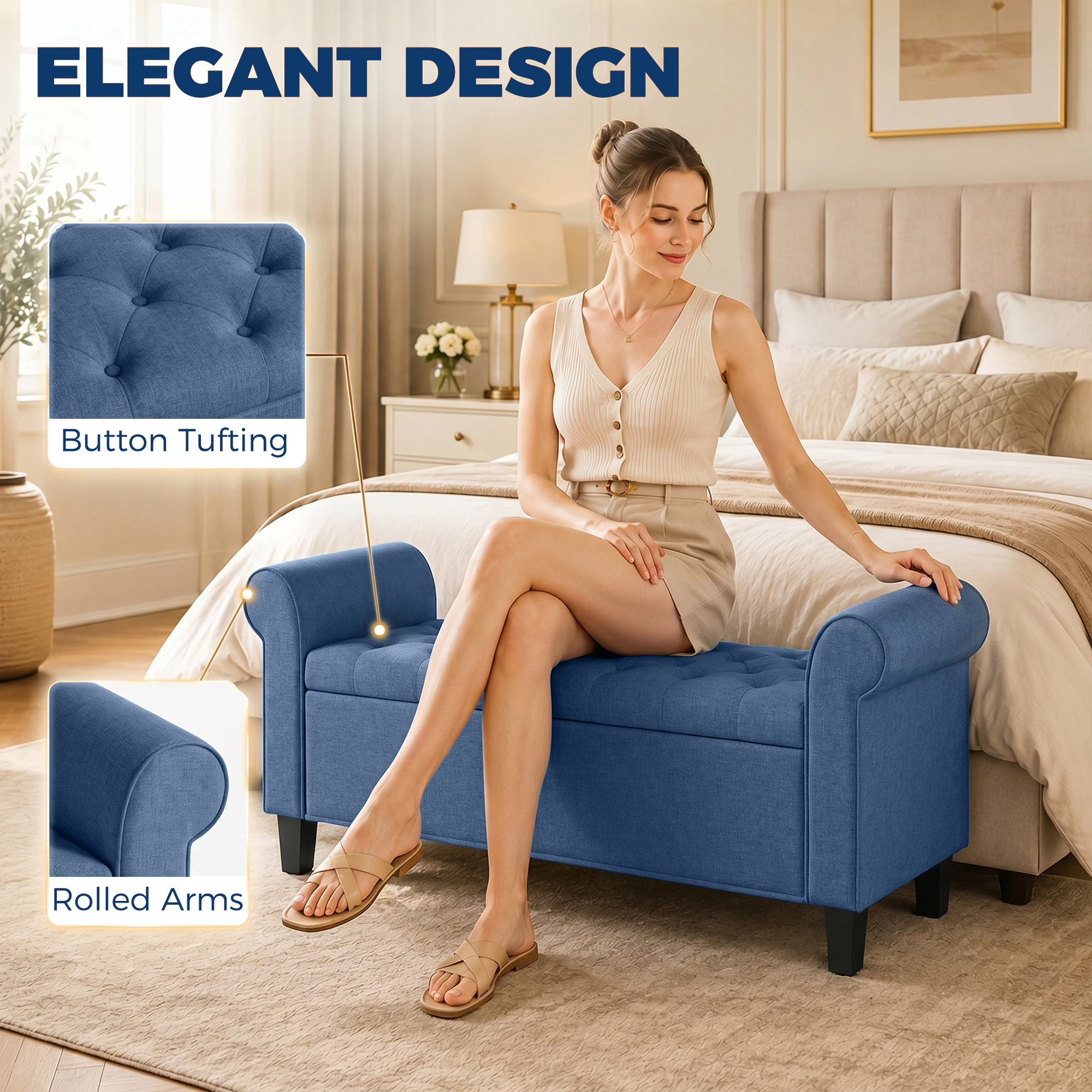 Hivvago Decorative Storage Ottoman Bench With Safety Hinge And Rolled Arm Design