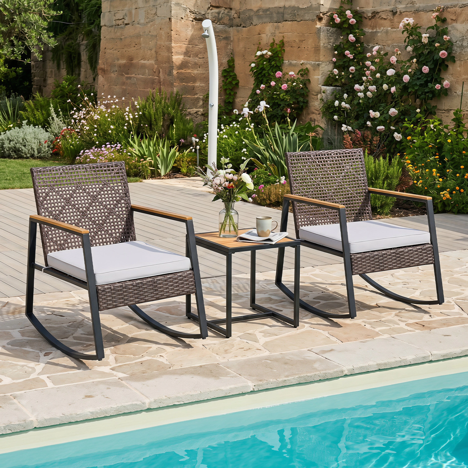 LJG 3-Piece Wicker Rocking Chair Set with Coffee Table and Cushions for Porch