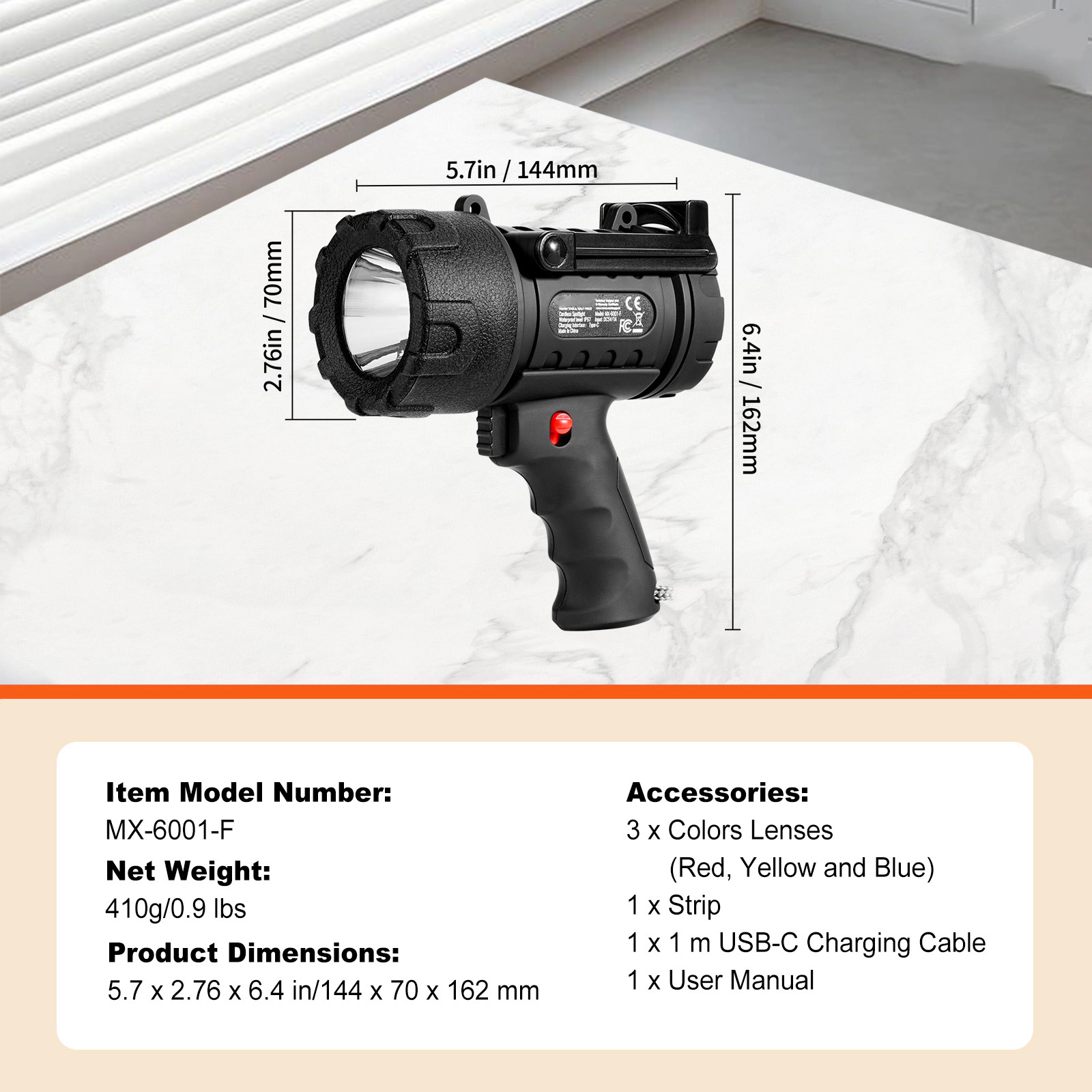 HONGGE Rechargeable Spotlight Flashlight, Lumens, IP67 Waterproof Handheld LED Spot Light