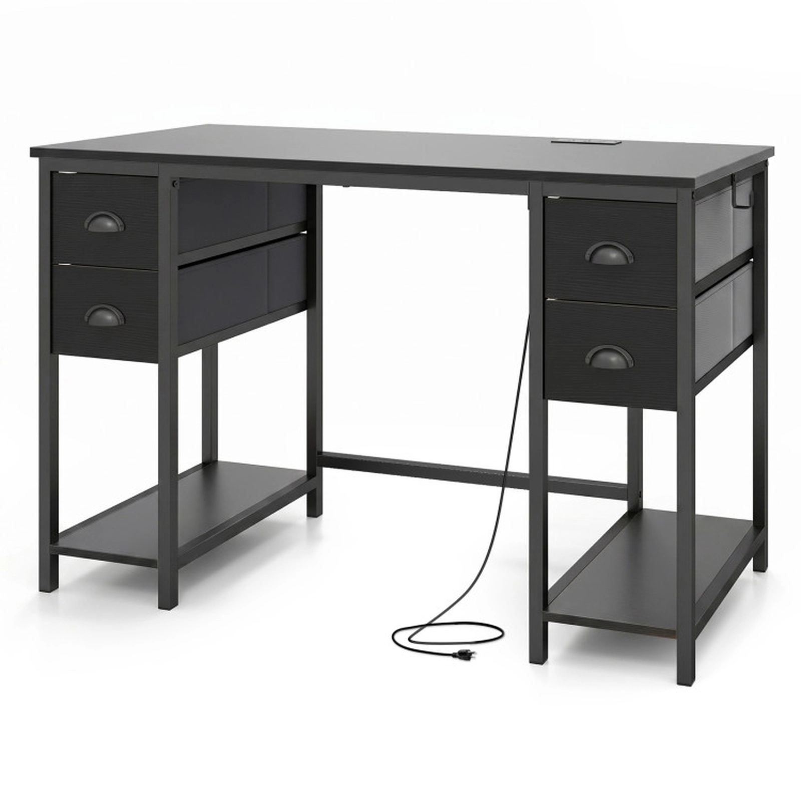 SUGIFT 48-Inch Black Computer Desk with Power Outlets, USB and Type-C Ports, Drawers and Shelves