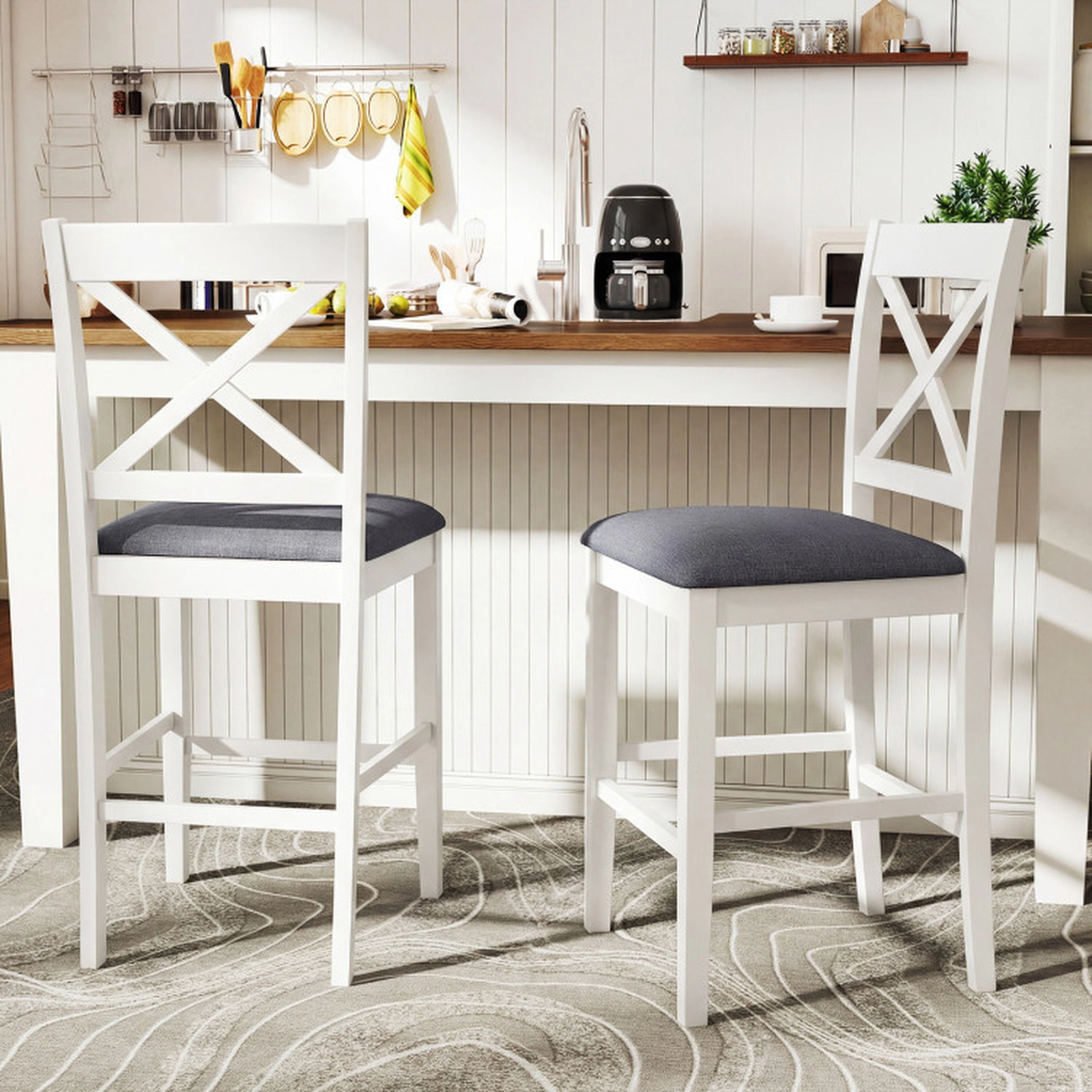SUGIFT Gray Upholstered Cushioned Seat Set of 2 White X-Back Counter Height Bar Stools