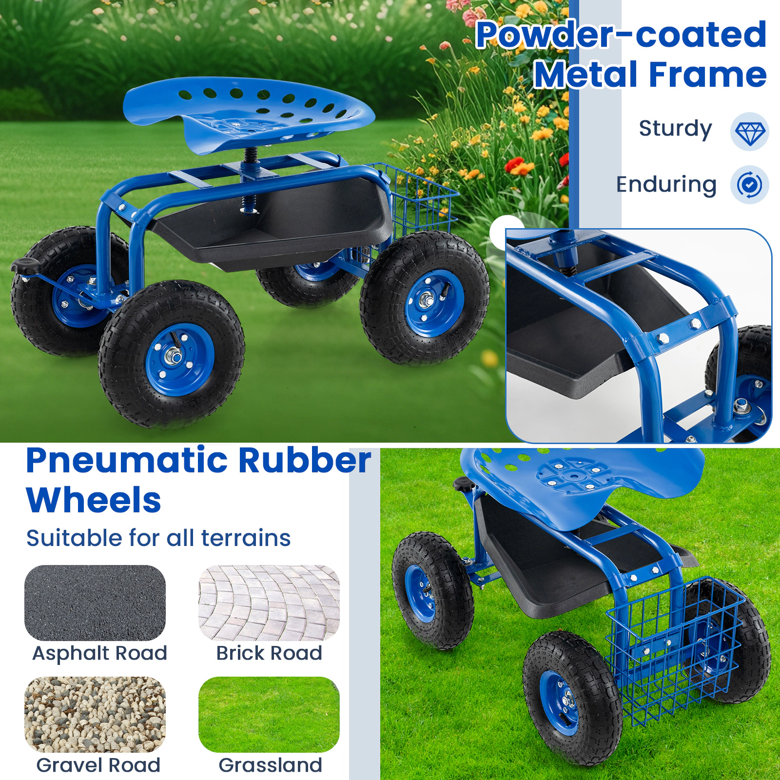 SUGIFT Blue 330-lb Capacity Rolling Garden Work Seat Stool with Wheels Tool Tray and Storage Basket