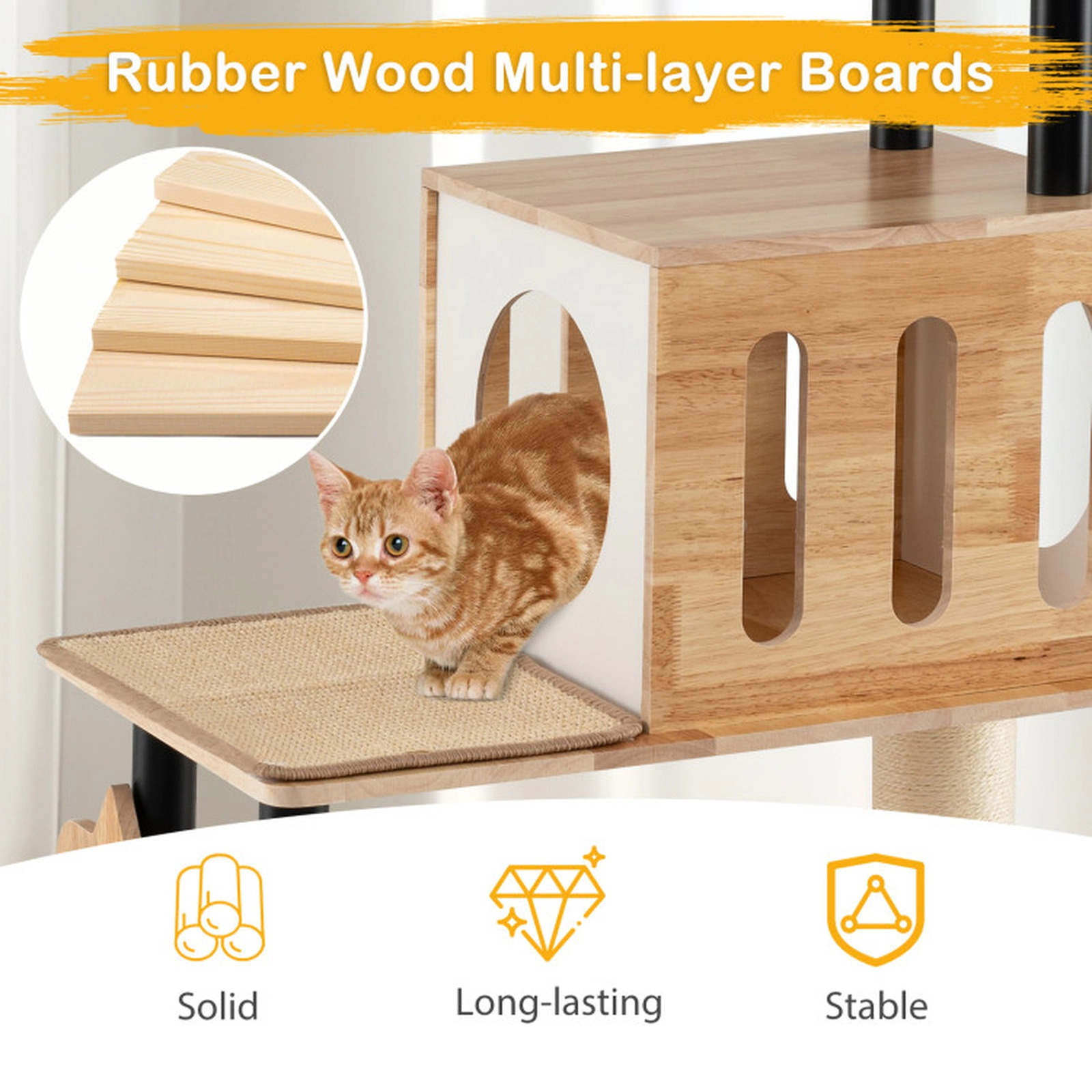 SUGIFT 56-in Natural Modern Tall Cat Tree Tower with 2 Condos Detachable Sisal Carpets and Metal Posts