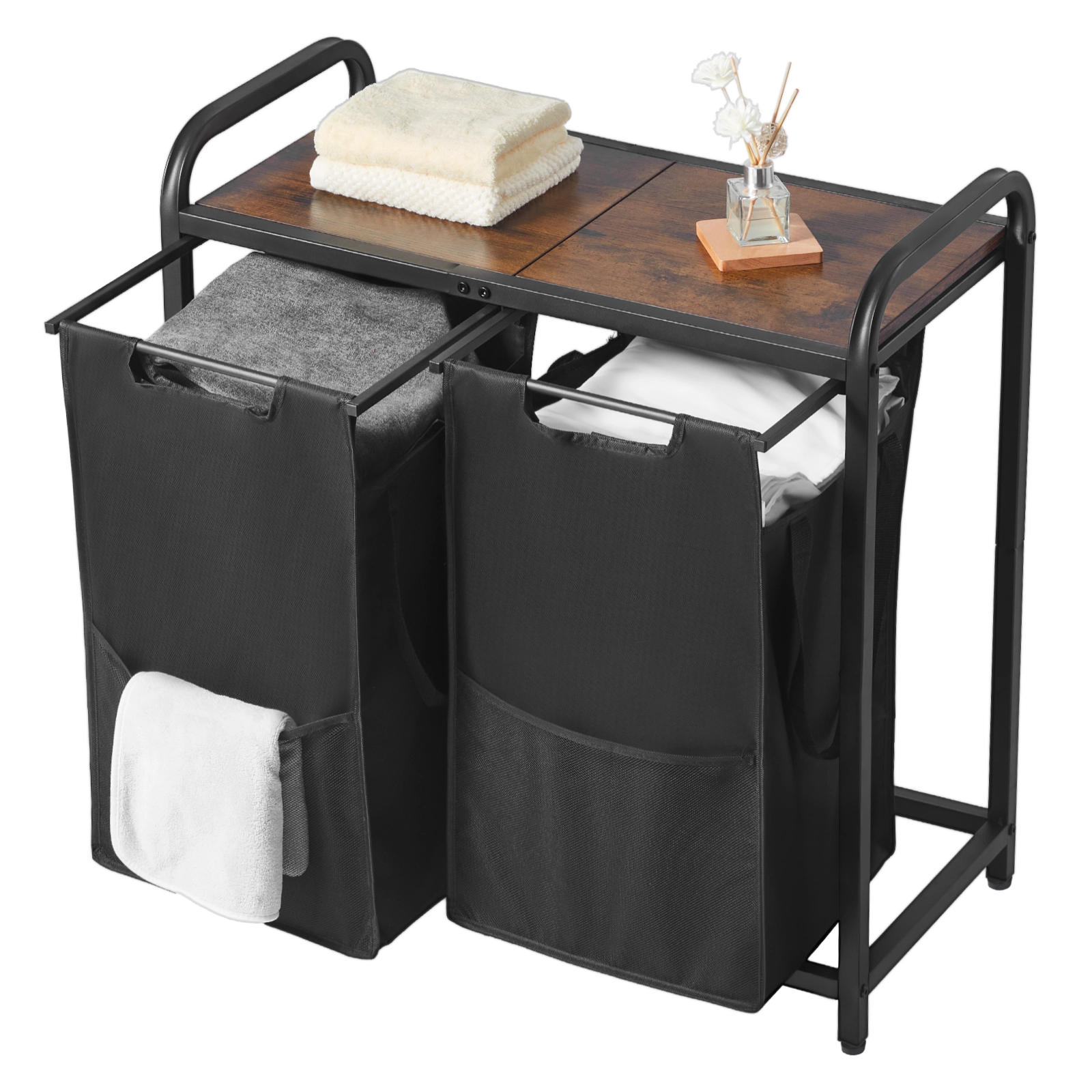HONGGE 2-Section Laundry Sorter Hamper with Wood Tabletop, Metal Frame & Pull-Out 600D Oxford Fabric Bags