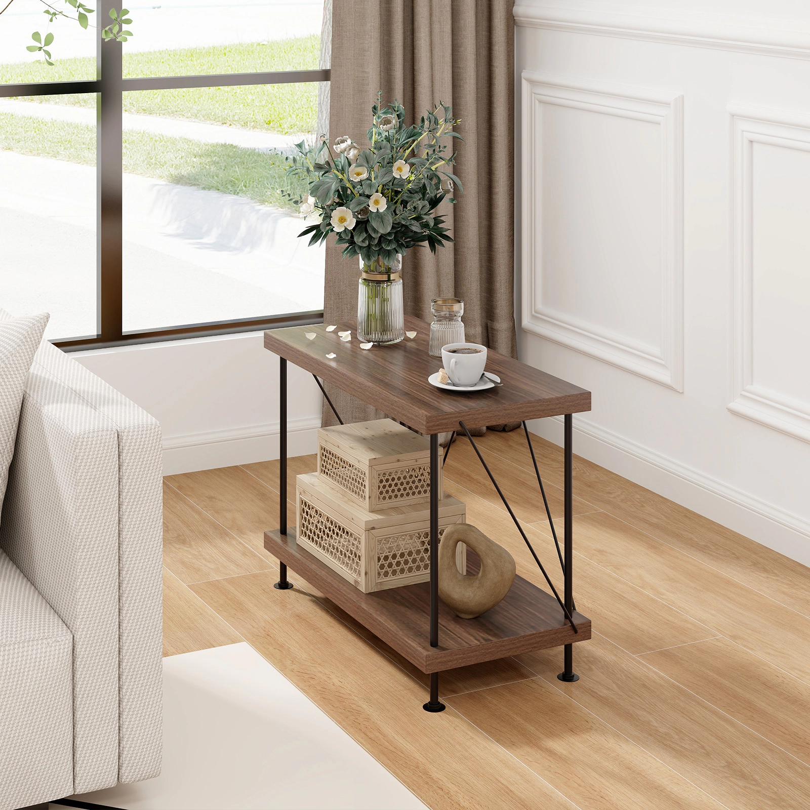 SUGIFT 2-Tier Walnut 18-in Small Bookshelf Storage Shelf with Metal Frame and Multipurpose Display Rack