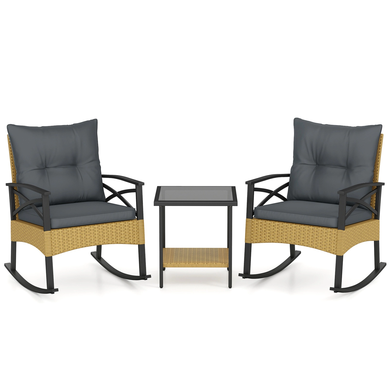 SUGIFT Outdoor Rocking Chair Conversation Set with 2-Tier Side Table 400-Lb Chair Capacity Gray Cushions