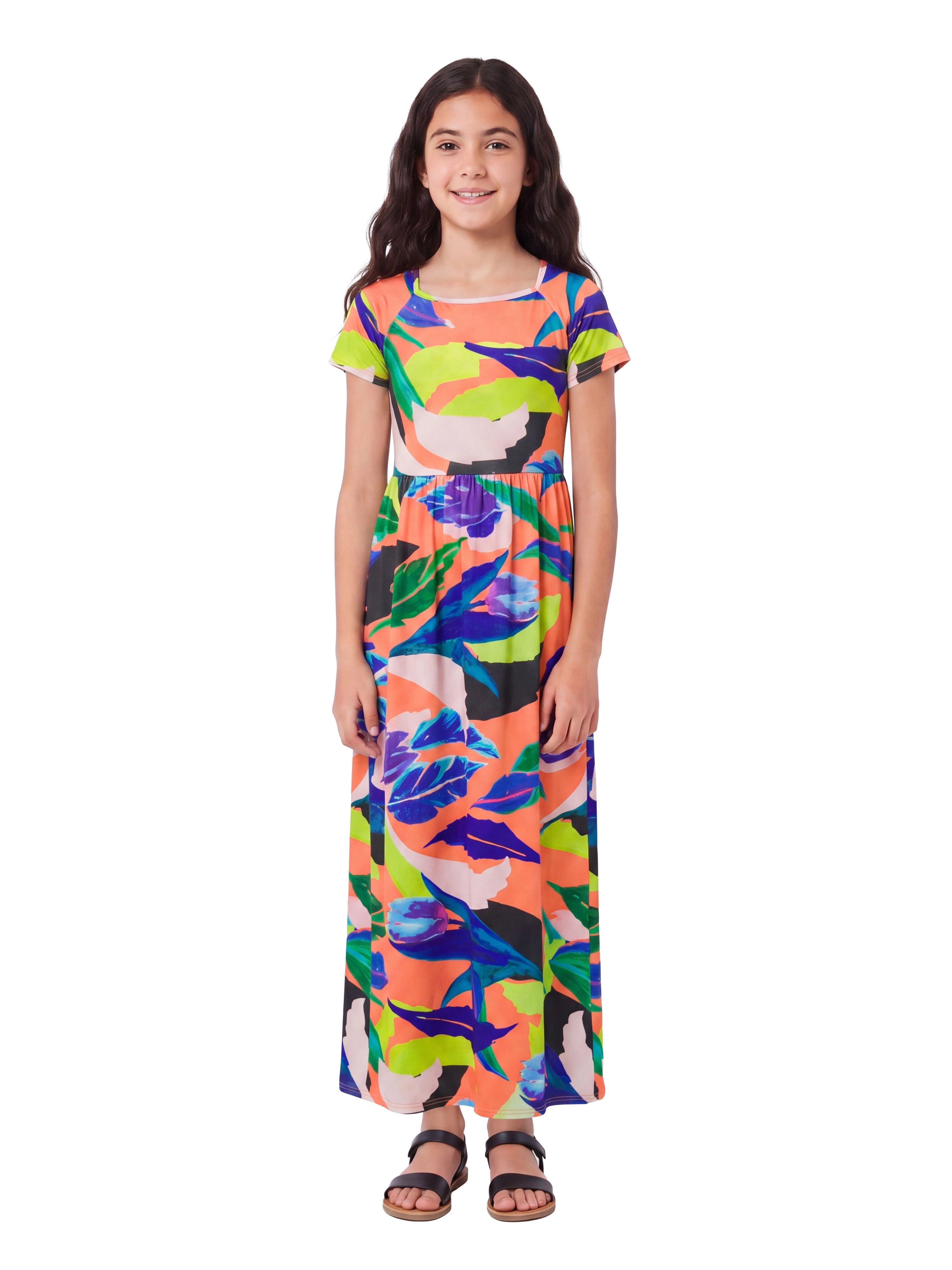 24sevenkid Girls Pastel Floral Print Short Sleeve Maxi Dress