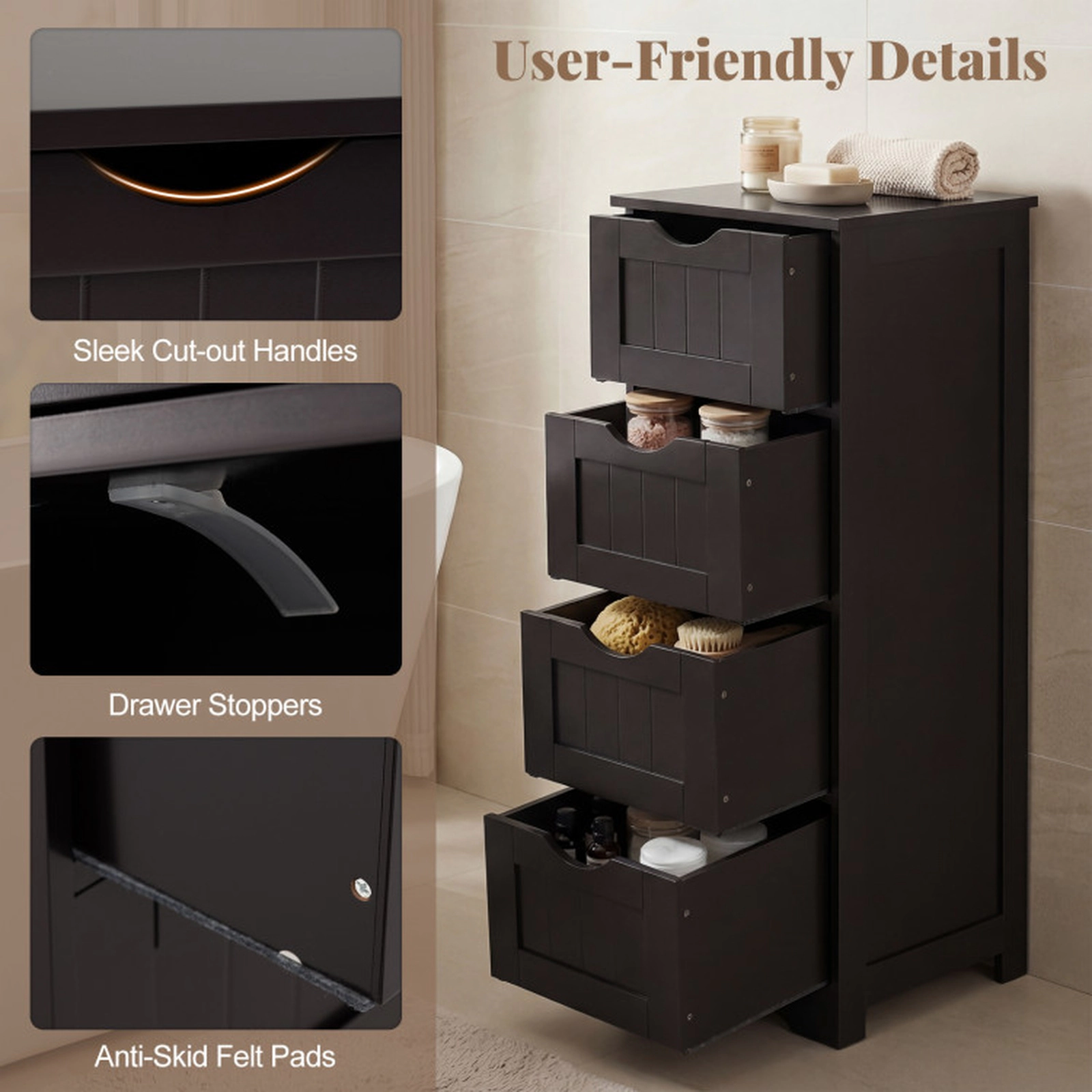 SUGIFT 4-Drawer Freestanding Bathroom Floor Cabinet with Anti-Toppling Device Dark Brown