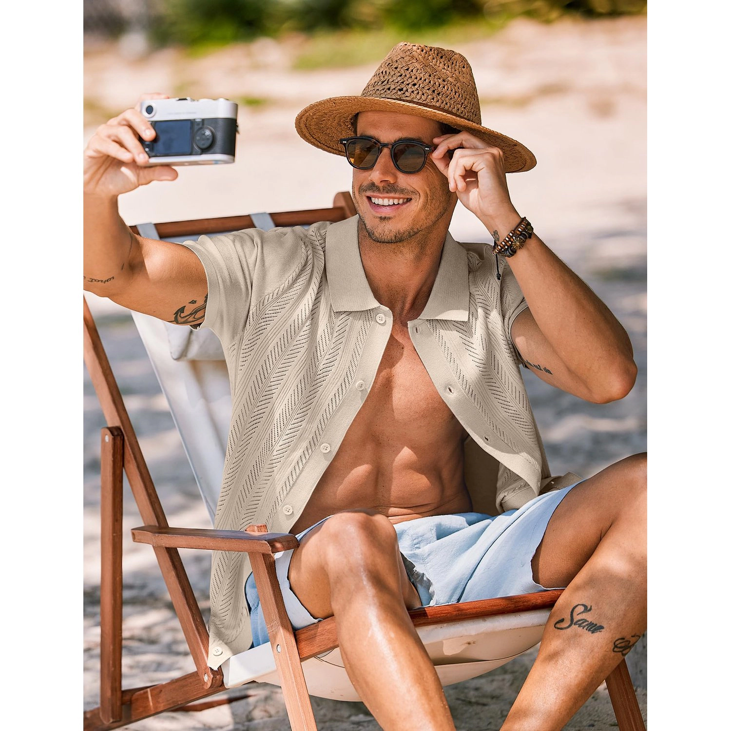 COOFANDY Mens Short Sleeve Henley Shirt Casual 2 Piece  Outfit Shorts Set