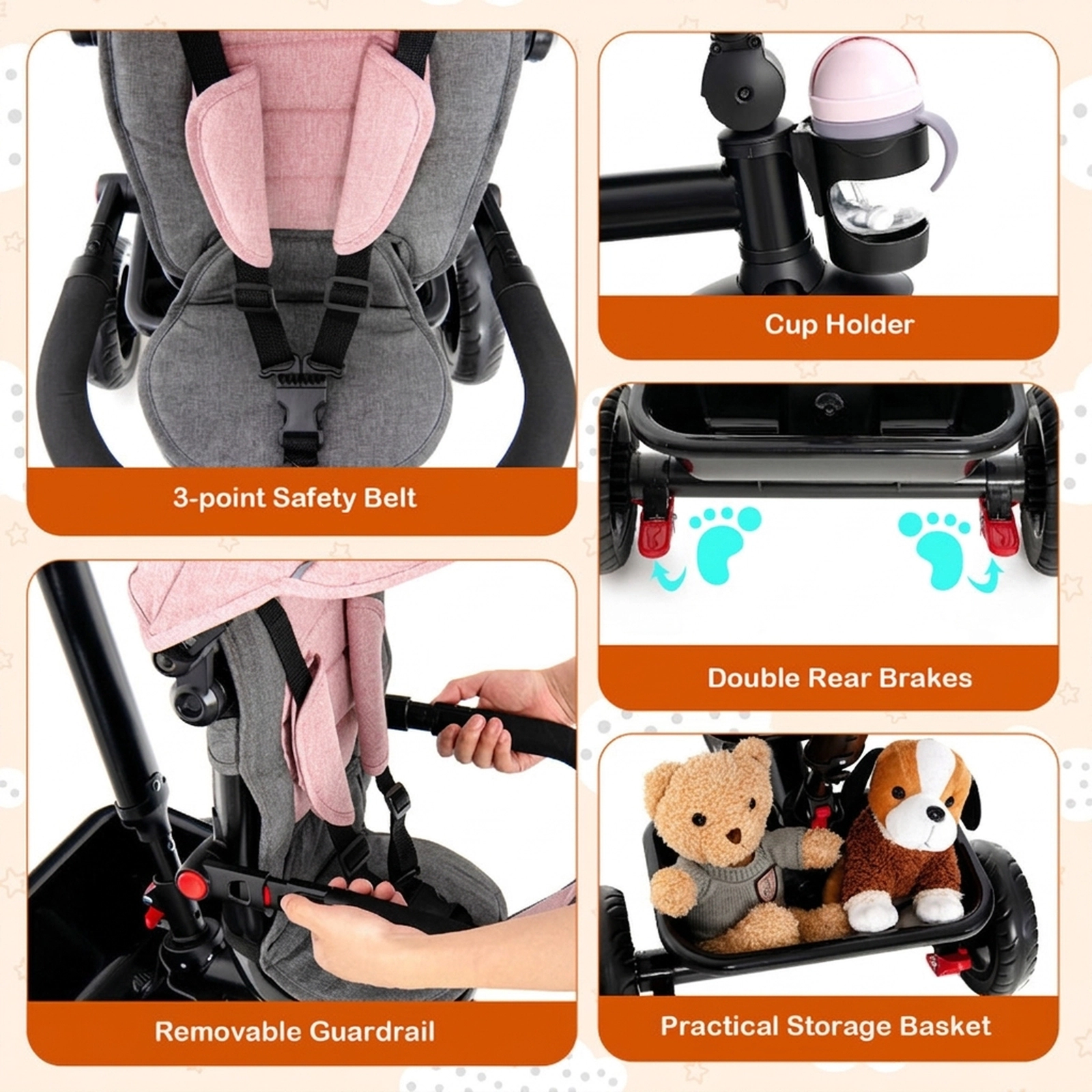 SUGIFT 4-in-1 Convertible Baby Tricycle Toddler Trike Full Size Stroller 55-lb Capacity Ages 1.5-5 Pink