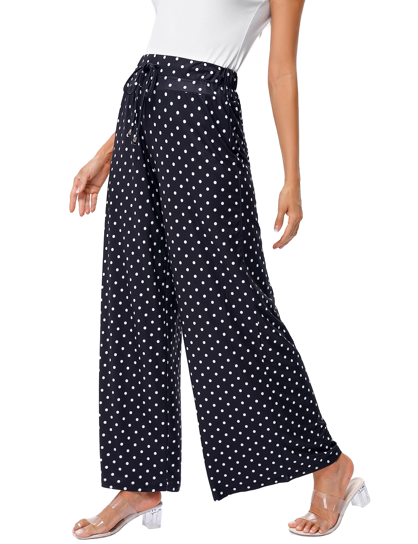 KOJOOIN Women's Wide Leg Pants Flowy Elastic High Waist Lounge Drawstring Long Palazzo Trousers