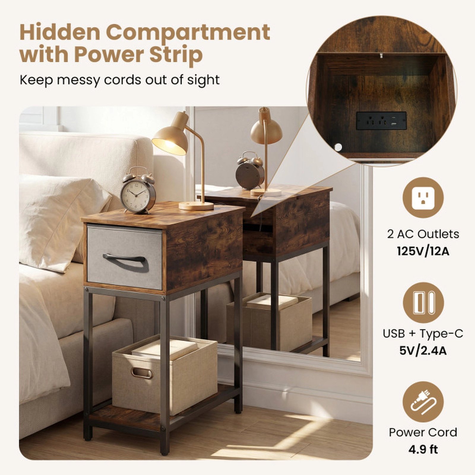 SUGIFT Slim 11.5-in Nightstand with Charging Station, LED Lights and Fabric Drawer