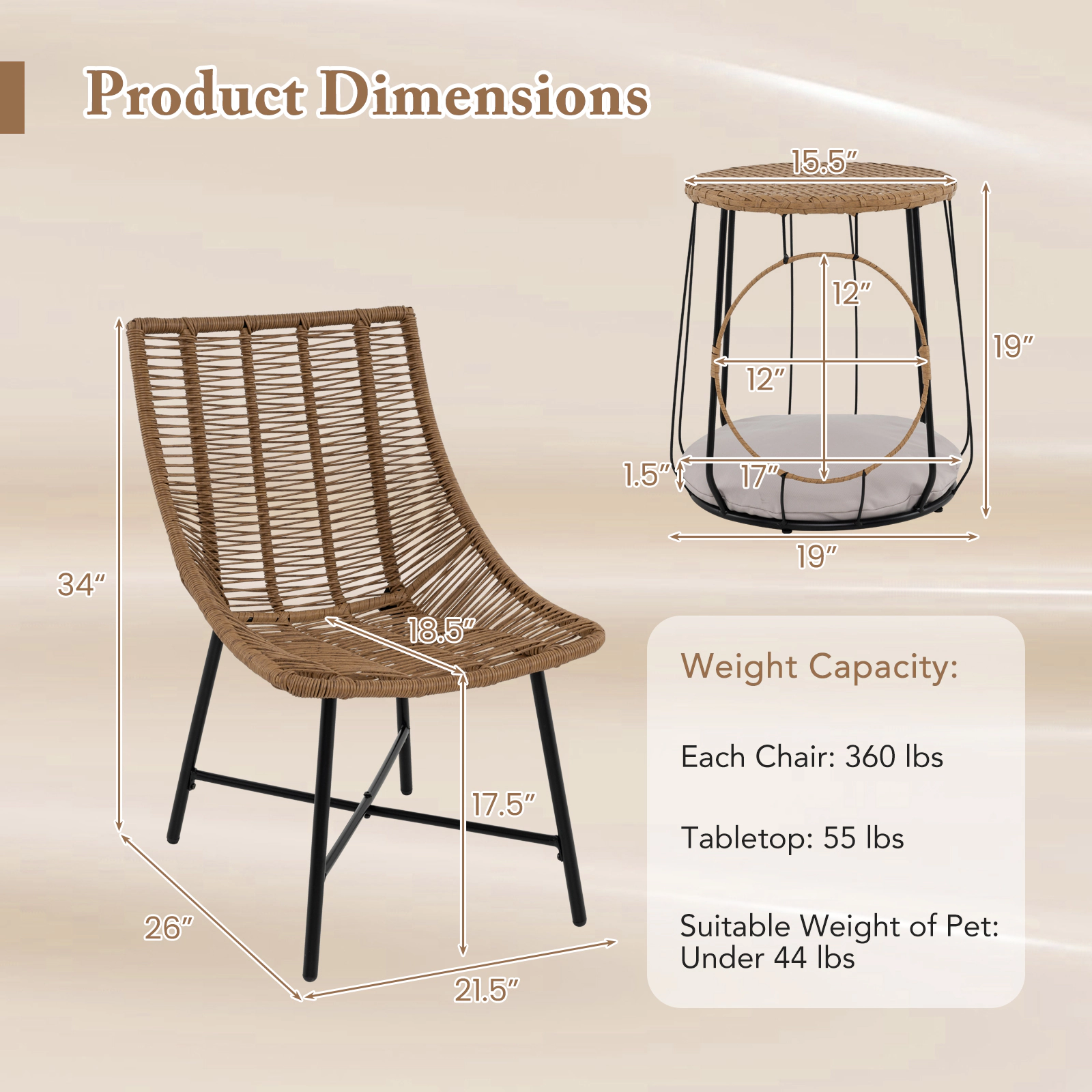 SUGIFT 2-in-1 Side Table and Pet House 3-Piece Brown Patio Rattan Chair Set