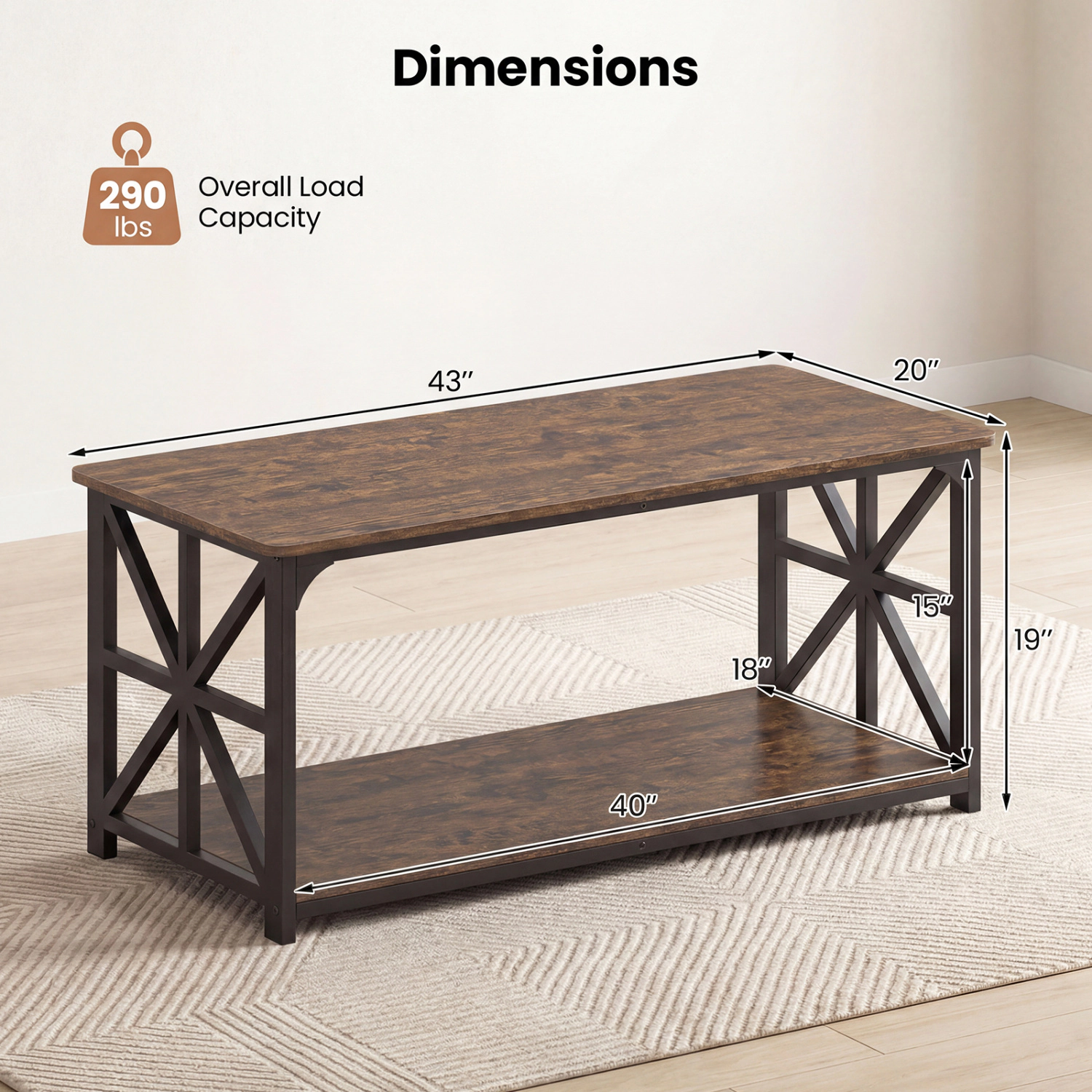 Glintex 2-Tier 43-Inch Coffee Table with X-Shaped Carbon Steel Accents