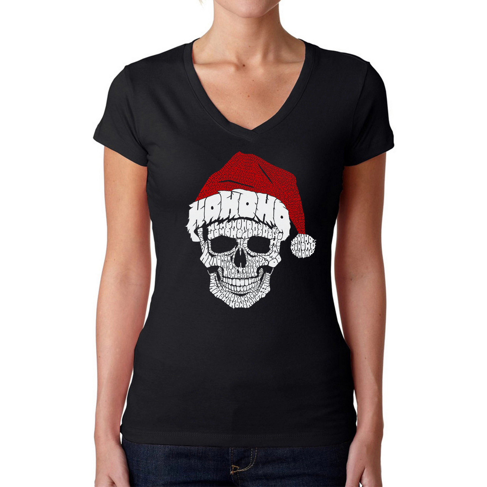 LA Pop Art Womens Word V-Neck T-Shirt - Santa Skull
