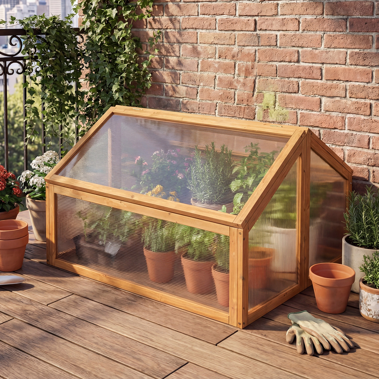 LJG Wood Cold Frame Greenhouse Raised Flower Planter Protection with Transparent Openable Roof