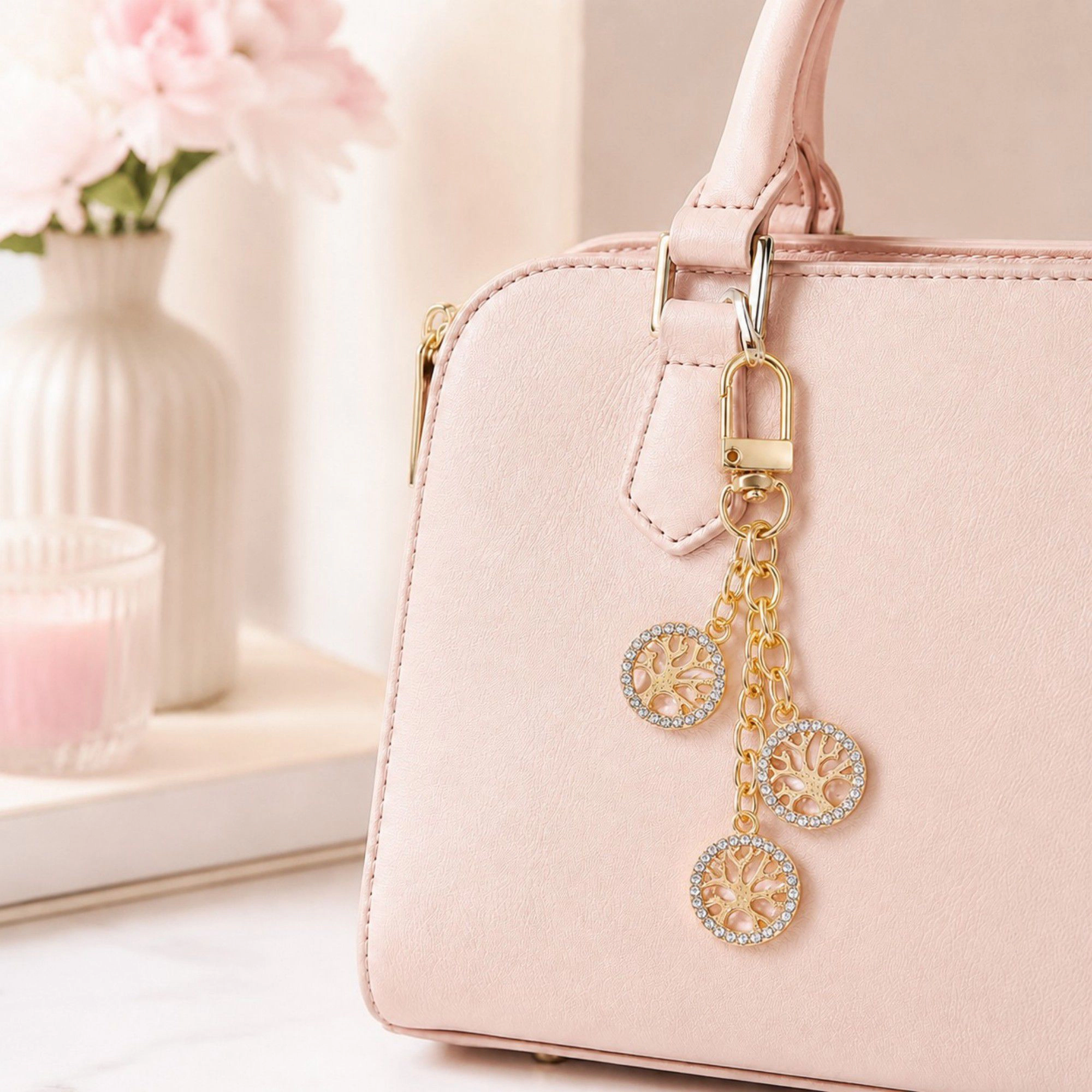Alilang Women's 3pc Tree Medallion Keychain Bag Charm with Rhinestone Trim Gold Tone Chain and Clip