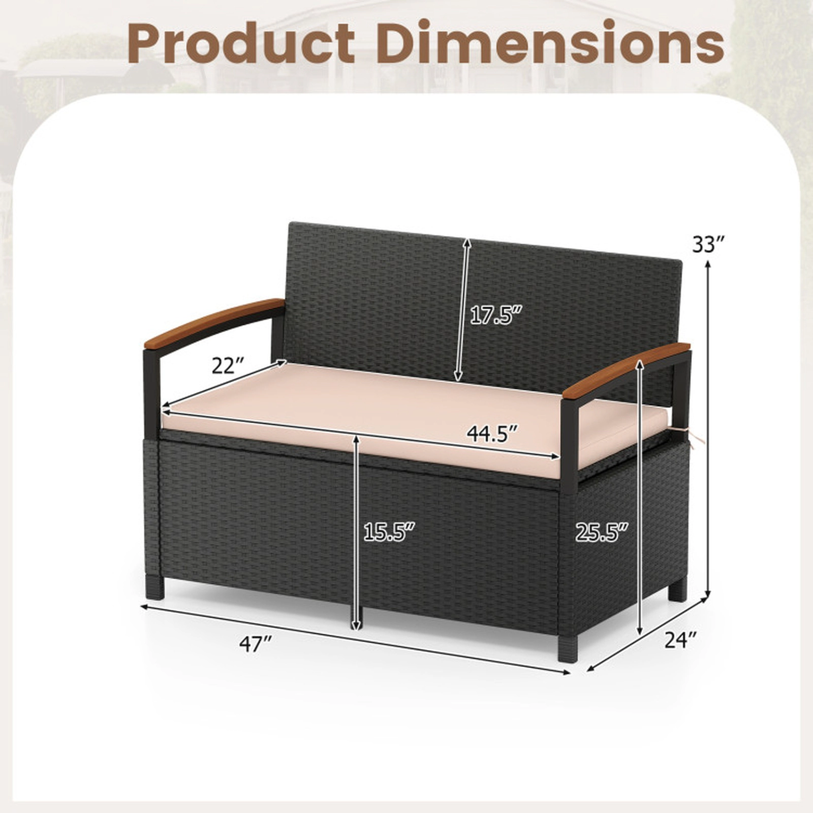 SUGIFT 46-Gal 800-lb Capacity 2-Person PE Wicker Rattan Outdoor Patio Storage Bench Deck Box with Cushion