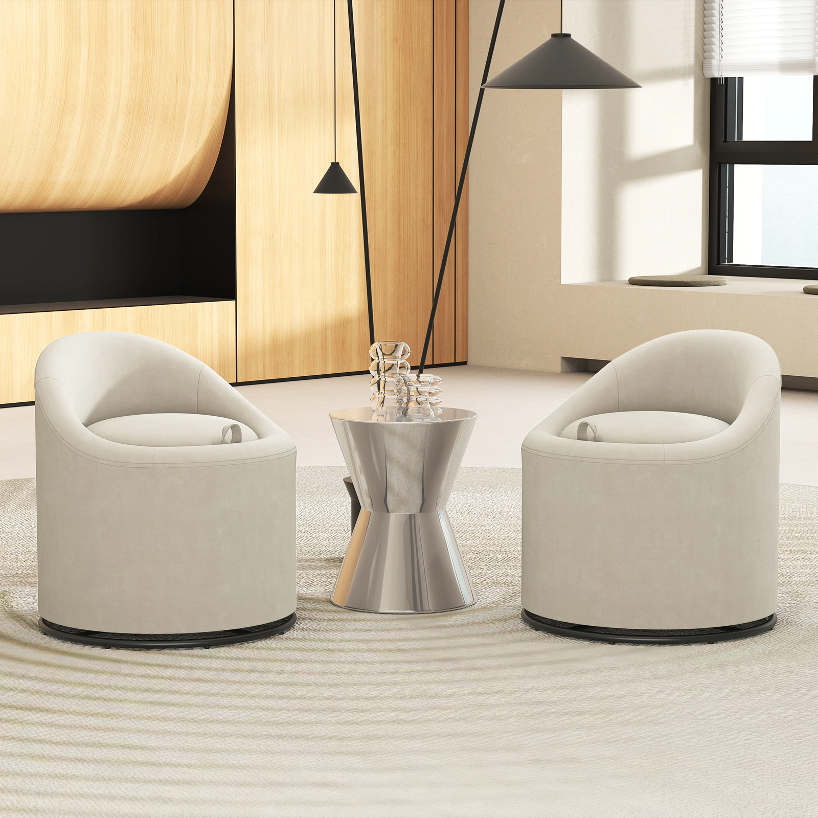 SUGIFT Beige Velvet Barrel Chair with Hidden Storage and 360-Degree Swivel