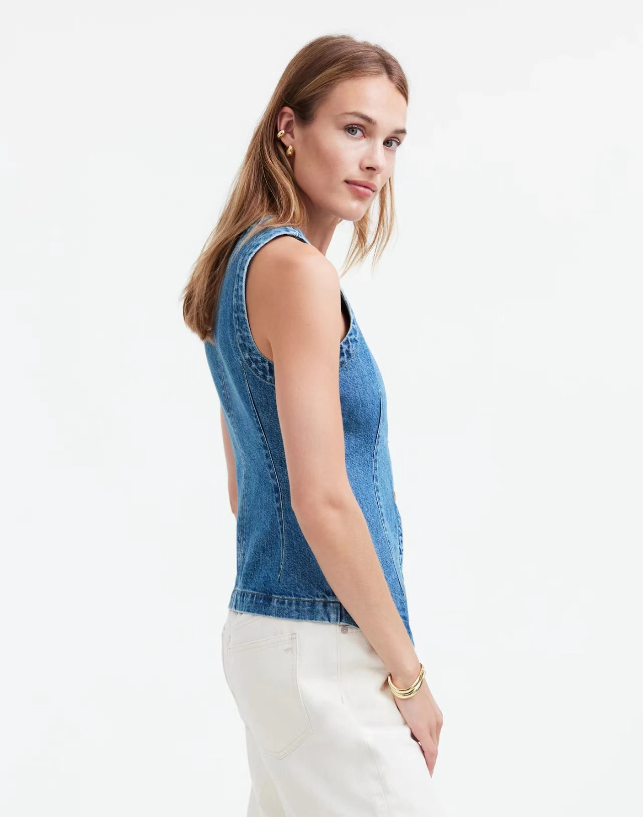 KOJOOIN Women's Button‑Down Denim Vest Round Neck Sleeveless Jean Waistcoat Split Hem Structured Top