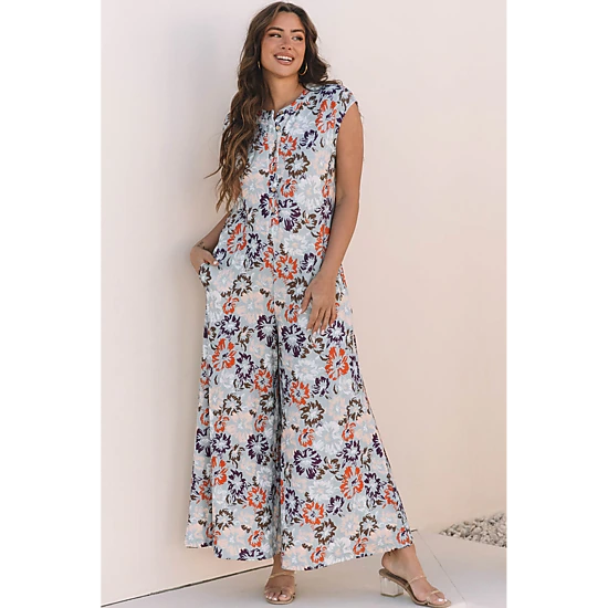 Threaded Pear Women's Kylee Floral Sleeveless Buttoned Wide Leg