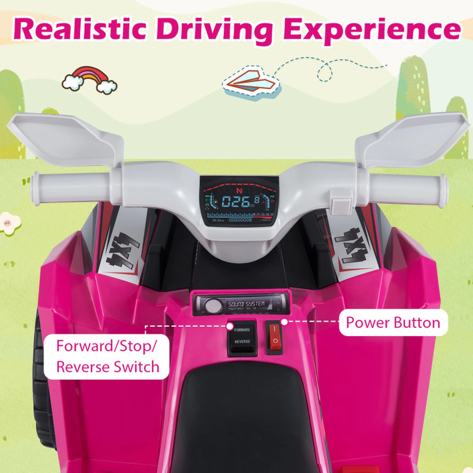 SUGIFT 6V Kids Electric ATV Quad Car with Detachable Trailer 66-lb Capacity Ages 3+ Ride-On 41-in Long Rose Red