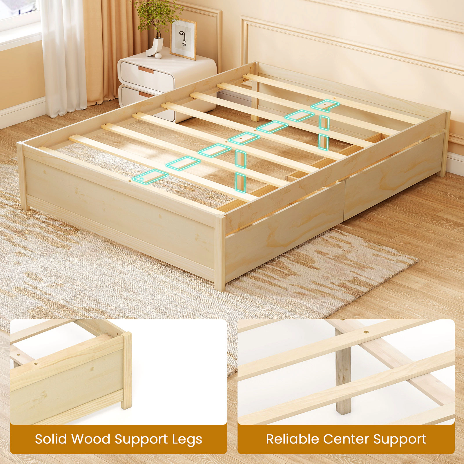 Full Size Wooden Bed Frame with 2 Rolling Storage Drawers Low Profile Platform Bed with 8 Plywood Slats Natural