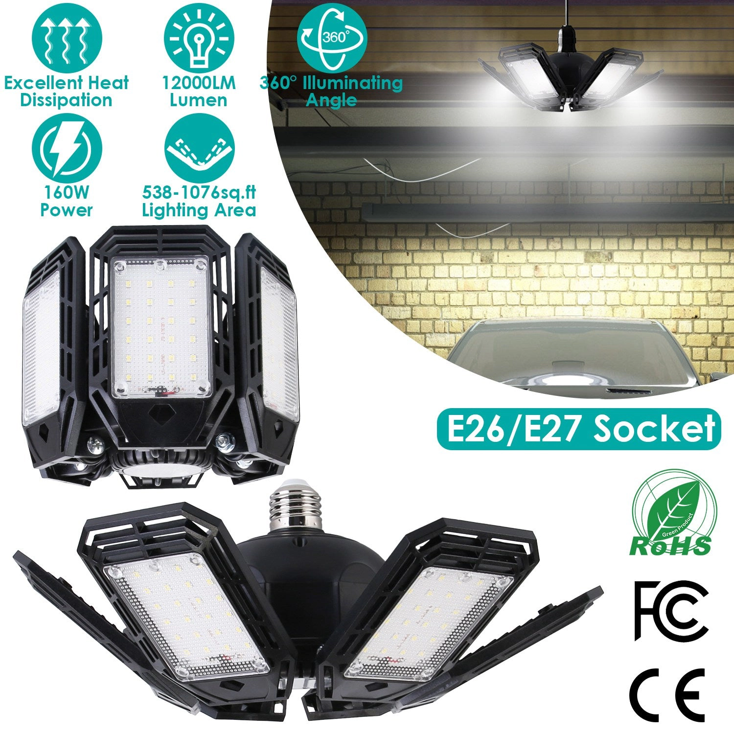GBruno 2-Pack Adjustable LED Garage Lights 160W