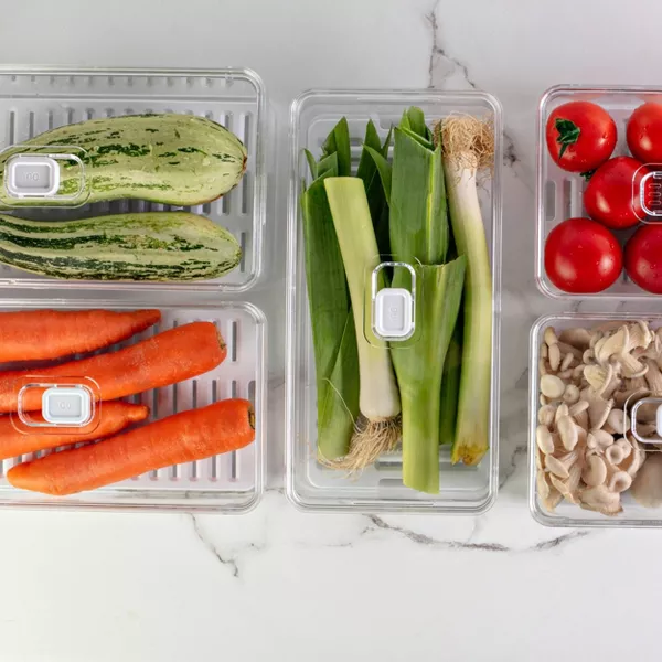 OU Fridge Organizer Bin w/ Vented Lid, Clear Stackable Refrigerator Storage Container w/ Drain Tray, 4 Pack 11.8" Depth