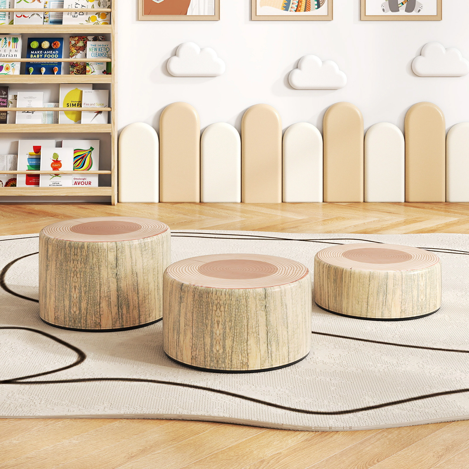 SUGIFT Wood Grain Print PU Leather 3-Piece Kids Tree Stump Stool Set