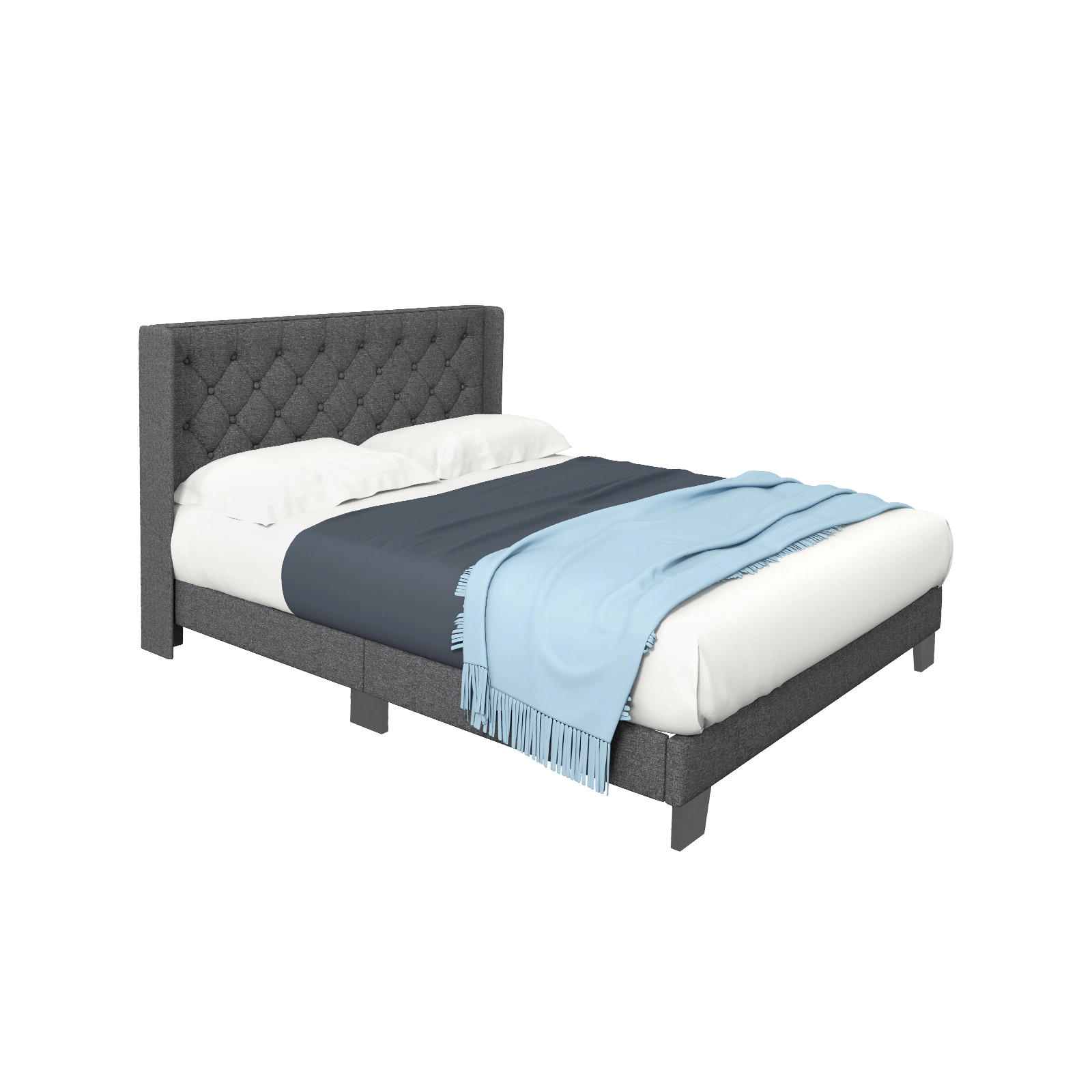 SUGIFT Solid Wooden Slat Upholstered Platform Bed with Button Tufted Headboard 400-Lb Capacity Queen Size Gray