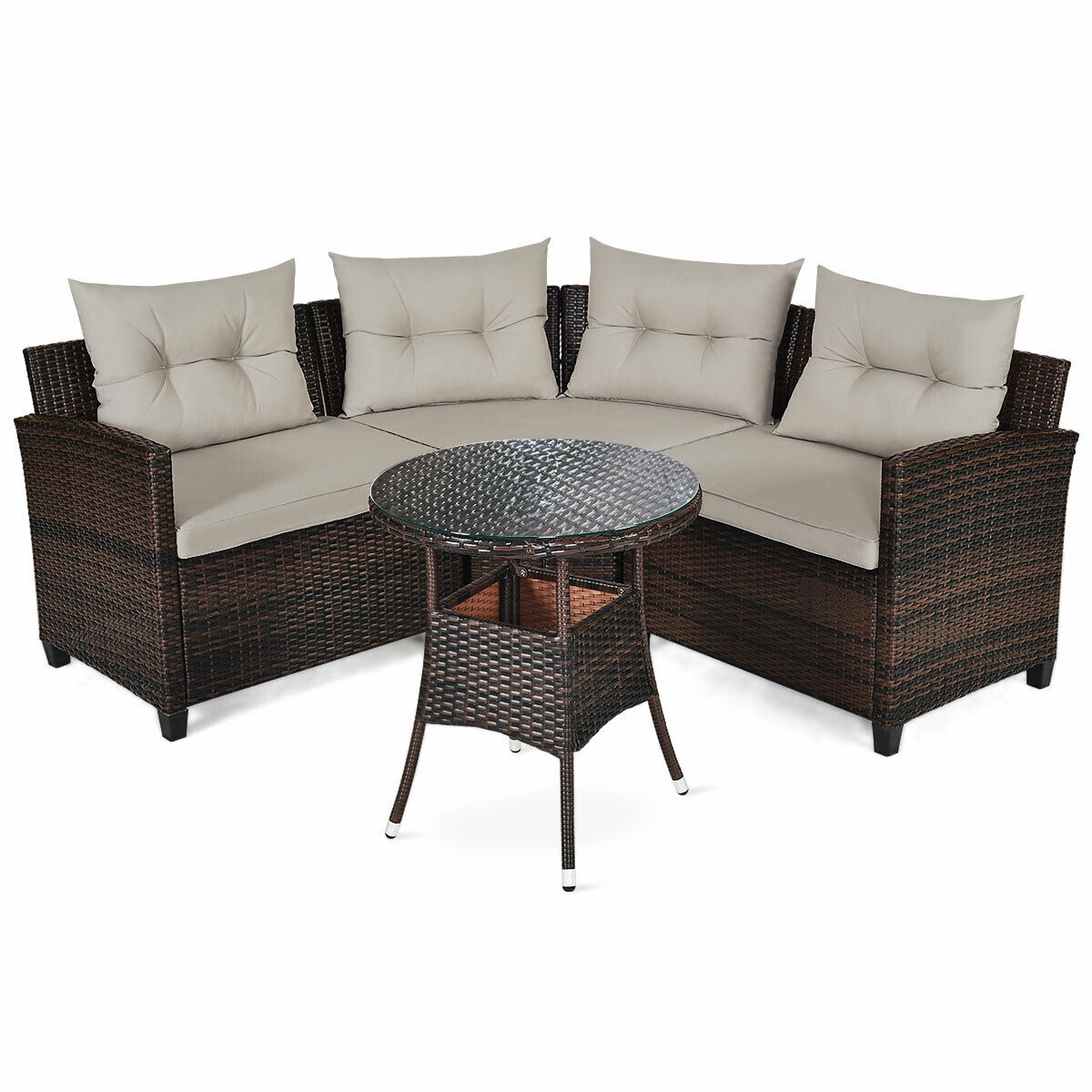 SUGIFT Curved Sectional Seating and Round Table 4-Piece Outdoor Wicker Sofa Set