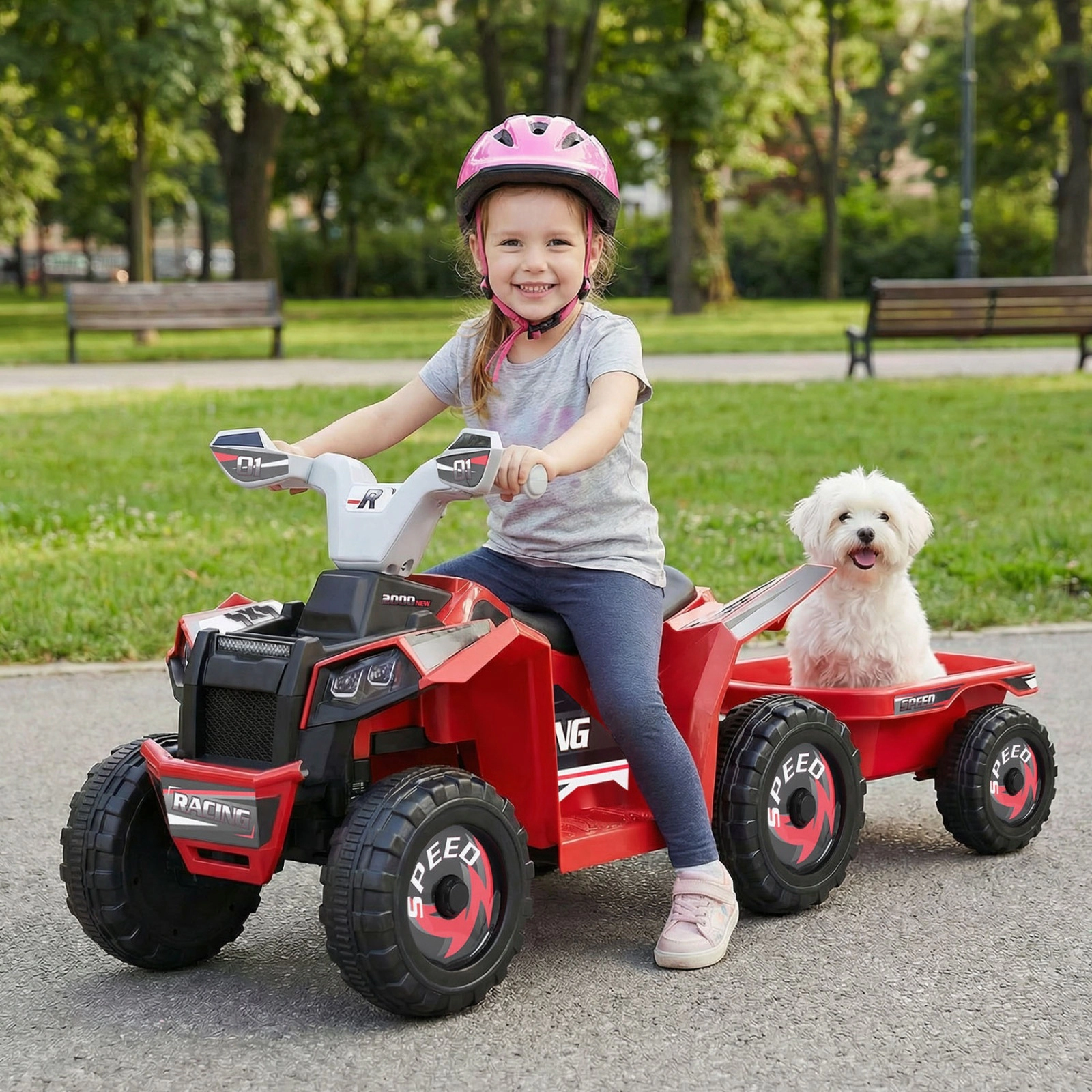 6V Kids ATV Quad Ride On Car with Detachable Trailer Forward/Reverse Switch and Multi-Terrain Wheels Ages 3+ Red