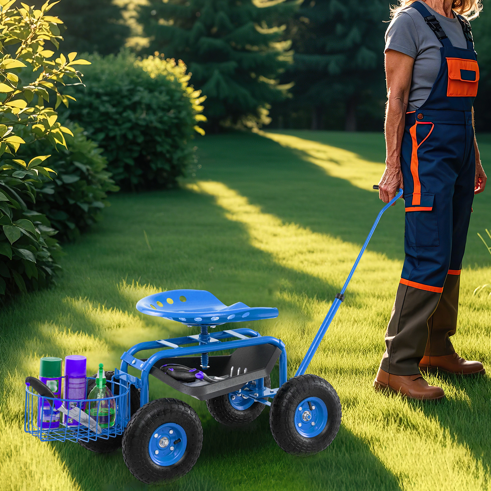 SUGIFT Adjustable Seat Extendable Handle Garden Cart Rolling Wagon Scooter 330-lb Capacity Blue