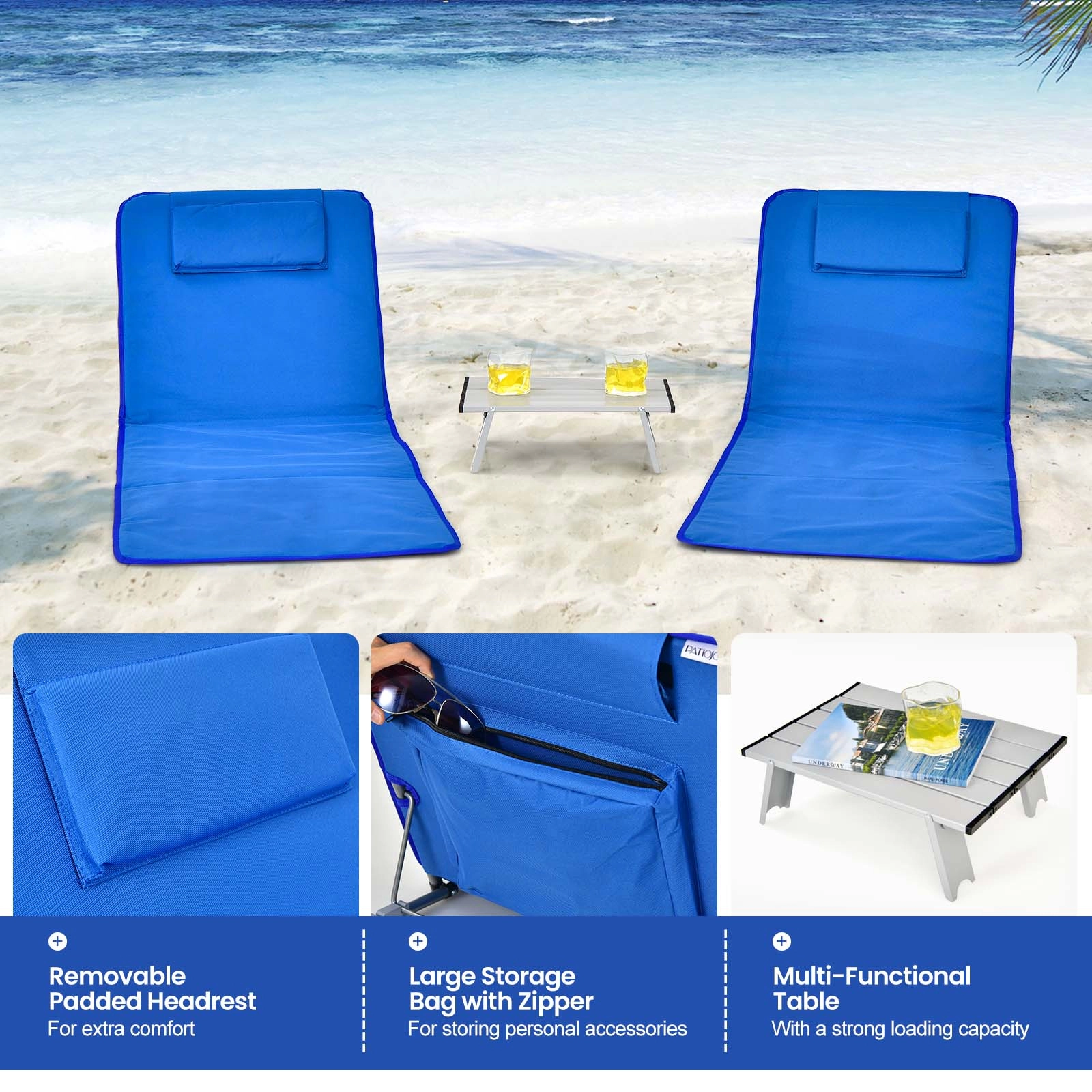 LJG 3 Pieces Beach Lounge Chair Mat Set 2 Adjustable Chairs with Table Stripe