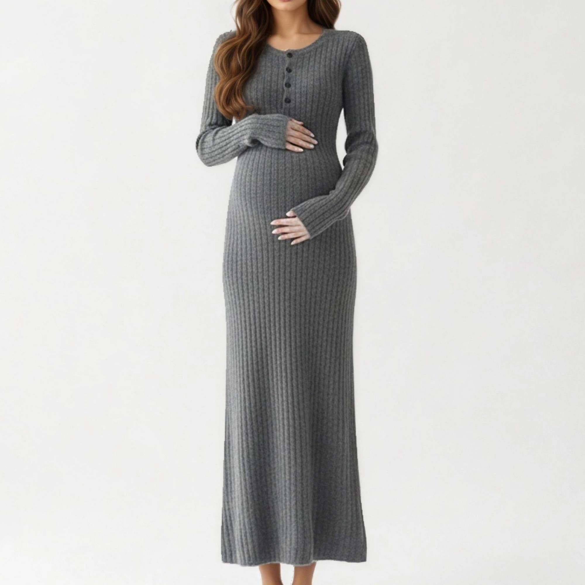 Anna-Kaci Women's Ribbed Knit Maternity Long Sleeves Stretch Fabric Flattering Button Front Maxi Dress