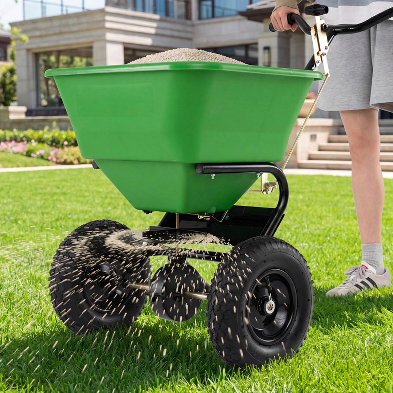 SUGIFT 66-lb Walk-Behind Broadcast Spreader for Grass Seed Fertilizer and Salt with 13-in Pneumatic Tires